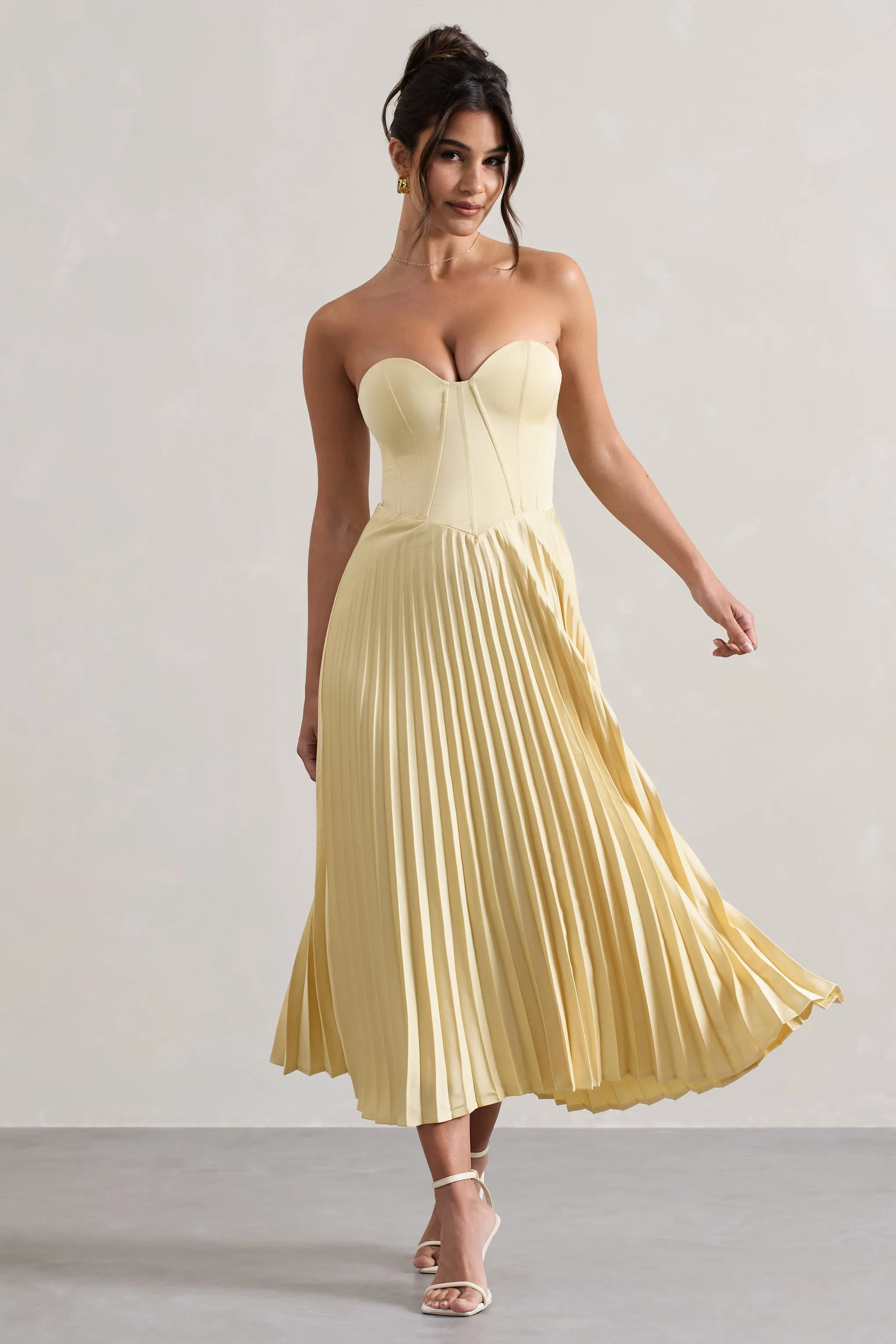 Bordeaux | Lemon Satin Corset Style Midi Dress sold by Club L London