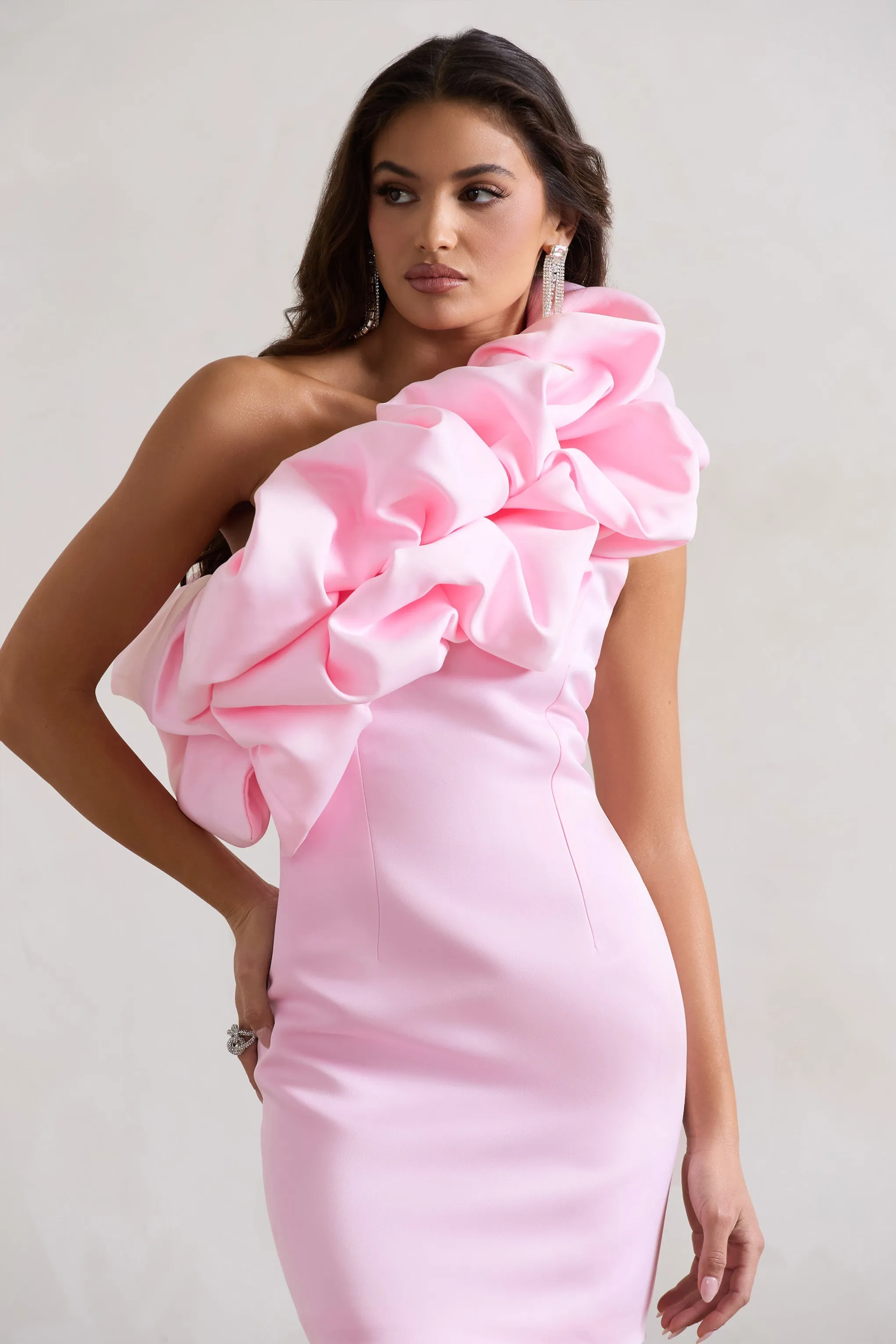 At The Opera | Pink Satin One Shoulder Ruffled Mini Dress sold by Club L London product image thumbnail 3