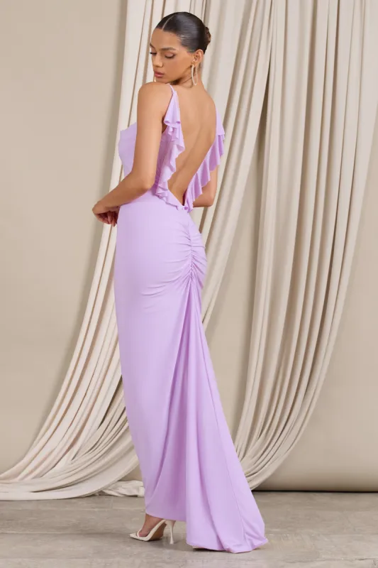 Flute | Lilac Bodycon Maxi Dress With Ruched Ruffled Back sold by Club L London