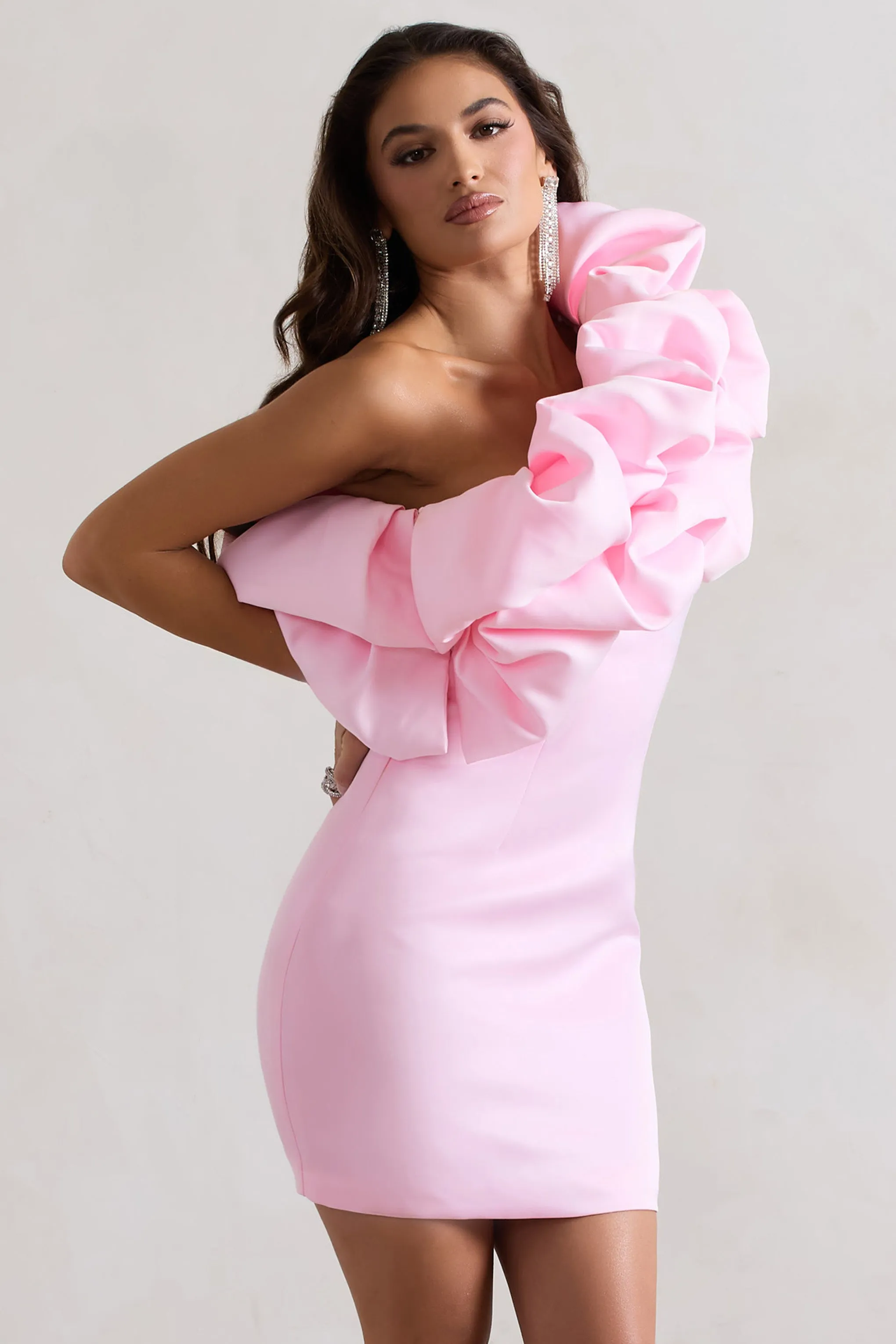 At The Opera | Pink Satin One Shoulder Ruffled Mini Dress sold by Club L London product image thumbnail 4