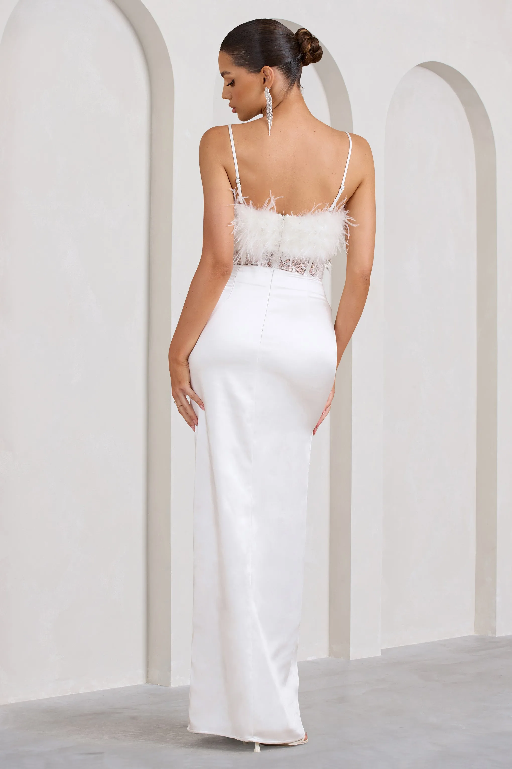 Countess | White Lace Corset Maxi Dress With Feather Trim sold by Club L London product image thumbnail 3