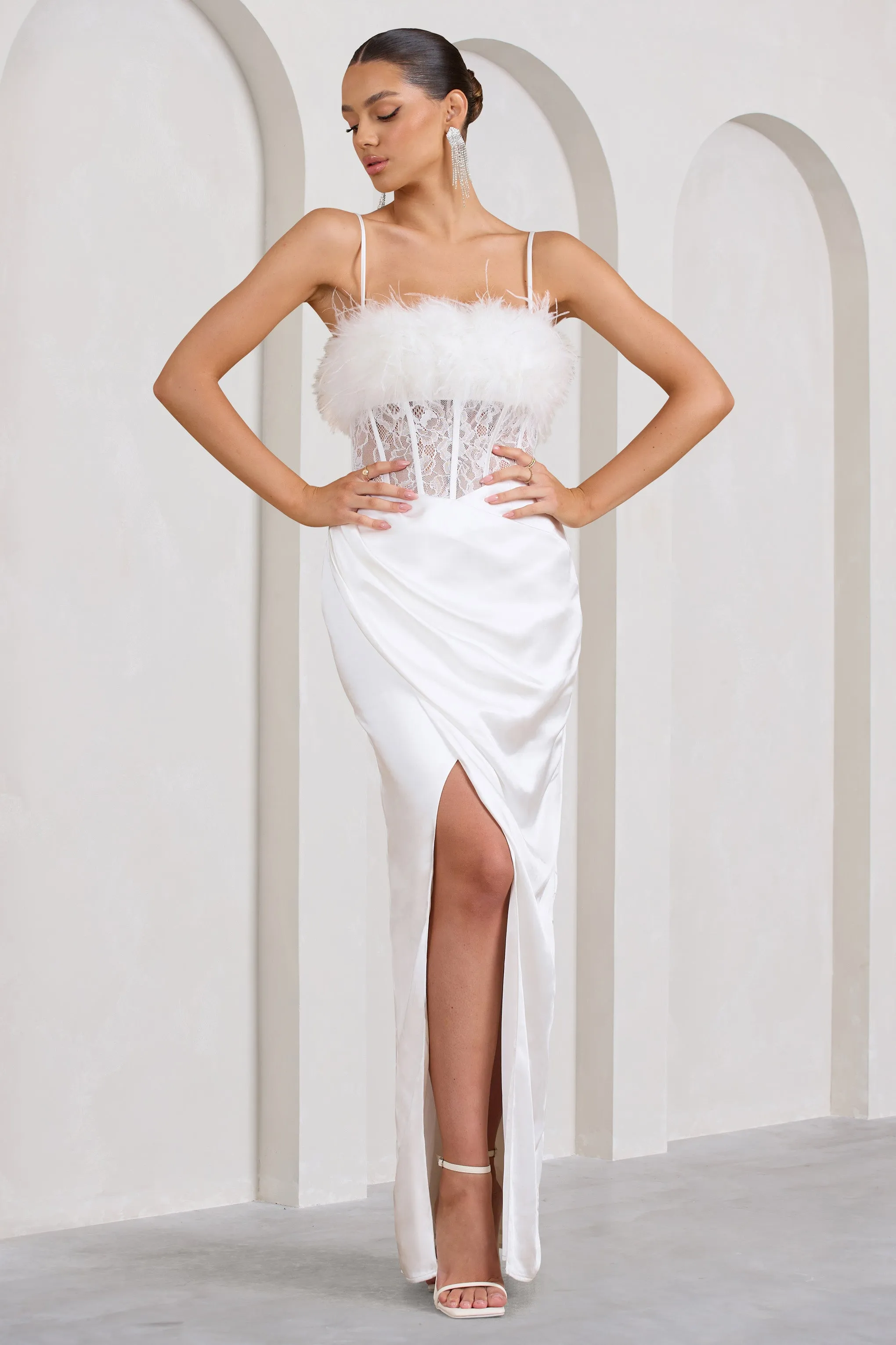 Countess | White Lace Corset Maxi Dress With Feather Trim sold by Club L London product image thumbnail 4