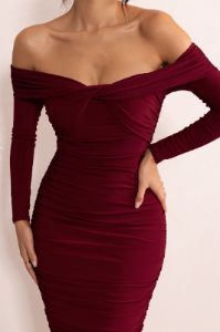 Lulu | Burgundy Twist Front Bardot Midi Dress With Sleeves sold by Club L London
