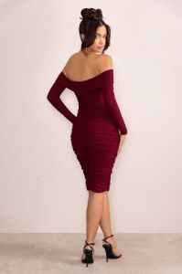 Lulu | Burgundy Twist Front Bardot Midi Dress With Sleeves sold by Club L London