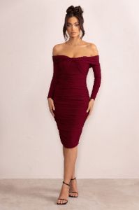 Lulu | Burgundy Twist Front Bardot Midi Dress With Sleeves sold by Club L London