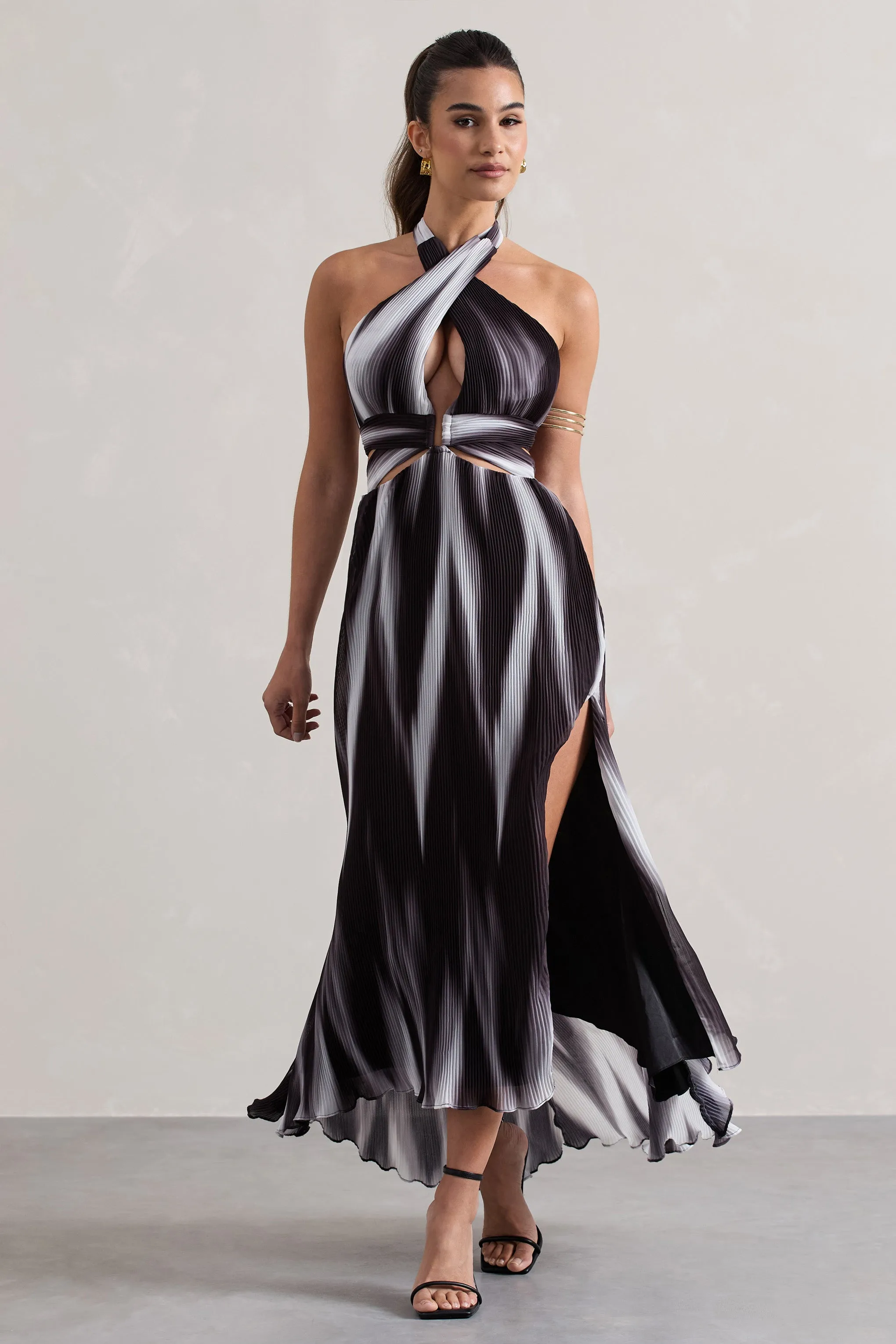 Ushuaia | Black Print Halter-Neck Cut-Out Split Maxi Dress sold by Club L London