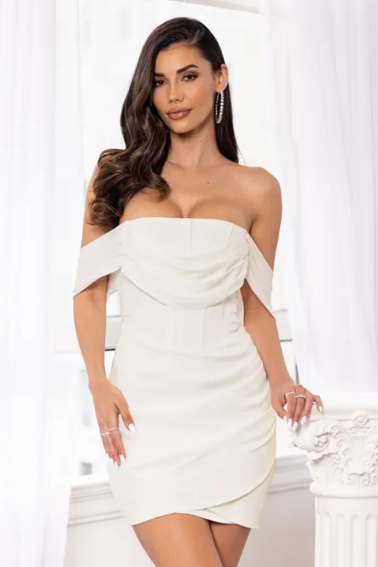 My Destiny | Cream Draped Bardot Corset Mini Dress sold by Club L London