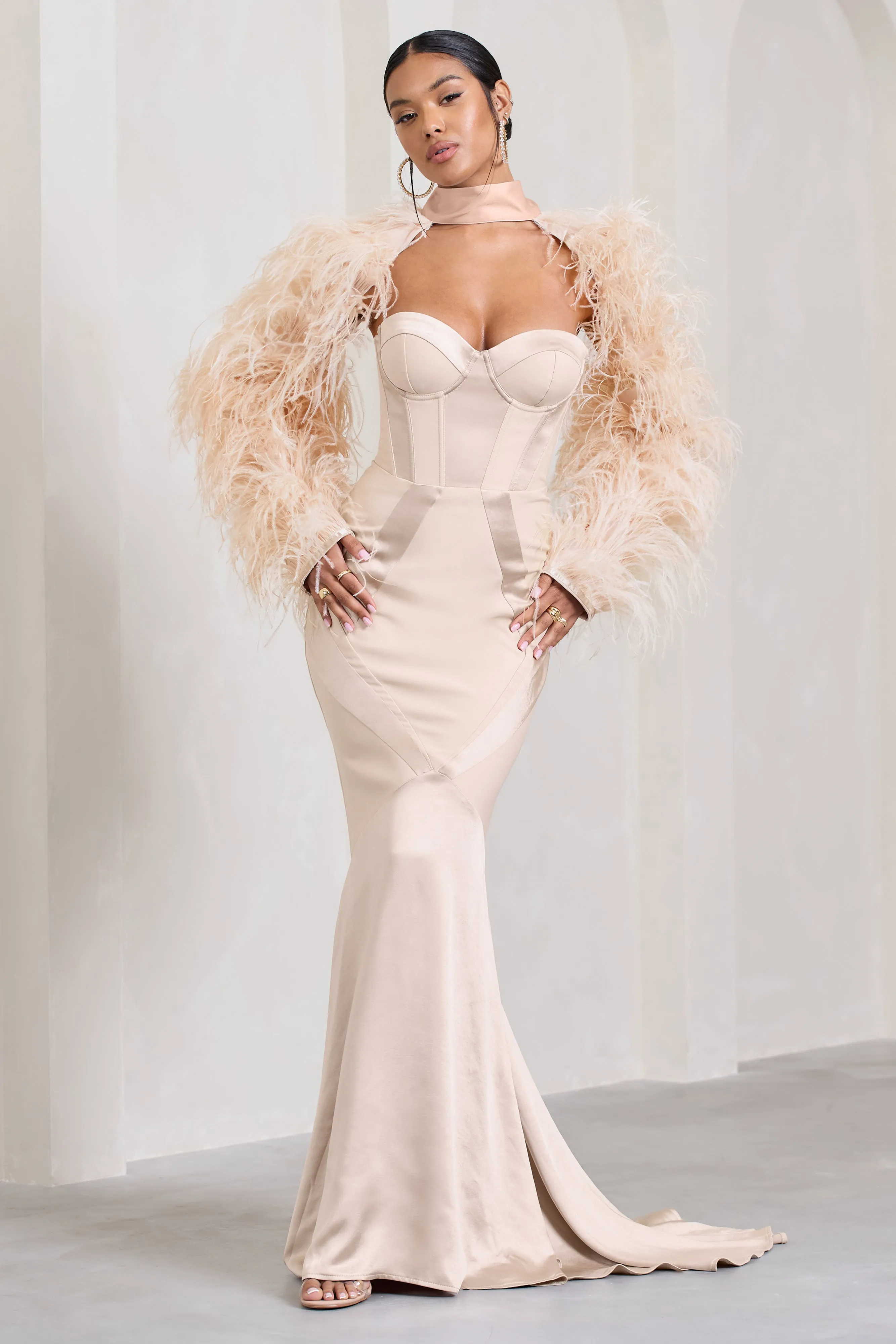 Custom | Champagne Satin Sweetheart Corset Fishtail Maxi Dress sold by Club L London product image thumbnail 5