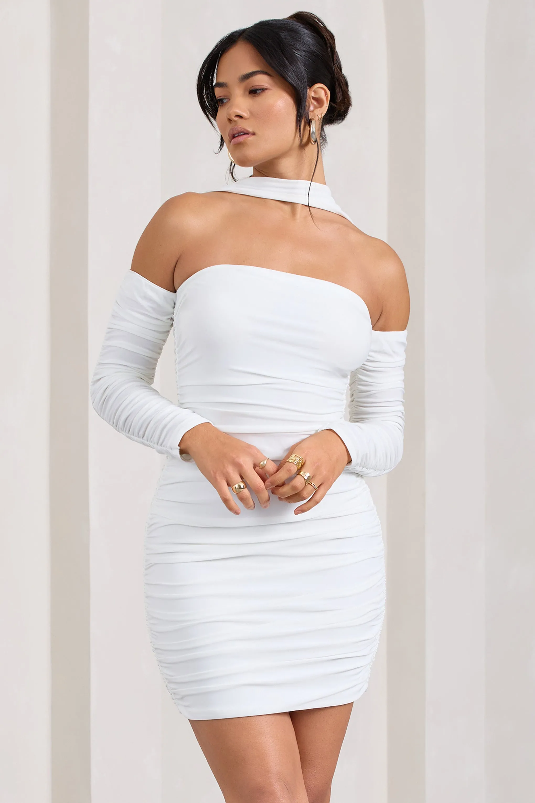 Thea | White Ruched Long-Sleeved Bodycon Mini Dress With Halter Collar sold by Club L London product image thumbnail 2