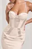 Custom | Champagne Satin Sweetheart Corset Fishtail Maxi Dress sold by Club L London