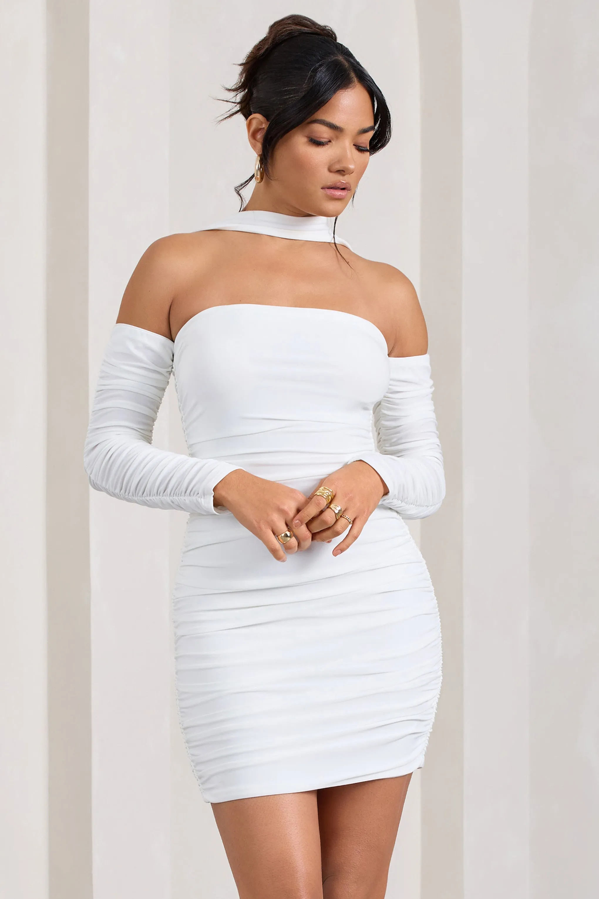 Thea | White Ruched Long-Sleeved Bodycon Mini Dress With Halter Collar sold by Club L London product image thumbnail 5