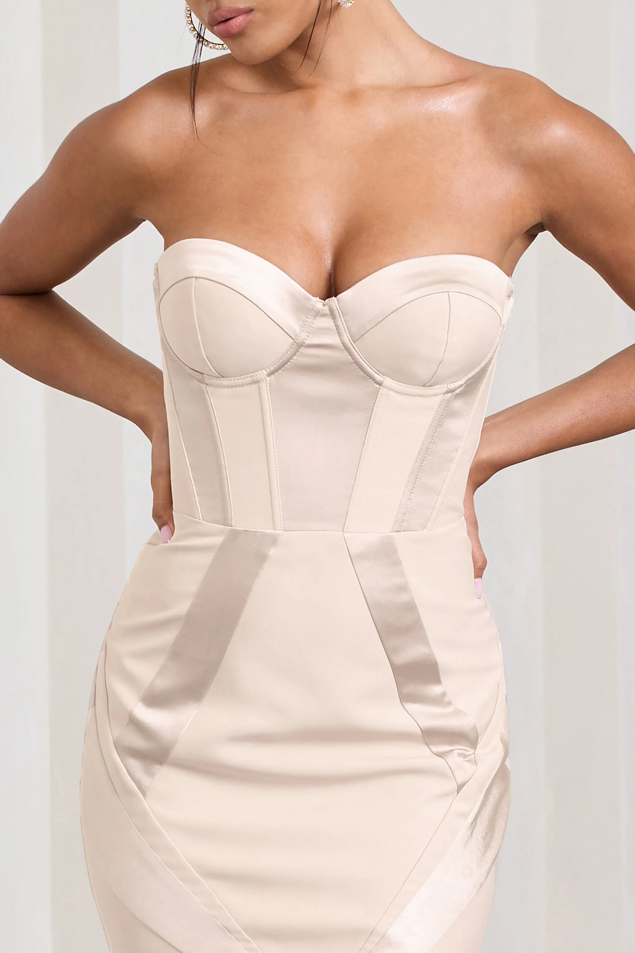 Custom | Champagne Satin Sweetheart Corset Fishtail Maxi Dress sold by Club L London product image thumbnail 3