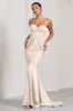 Custom | Champagne Satin Sweetheart Corset Fishtail Maxi Dress sold by Club L London
