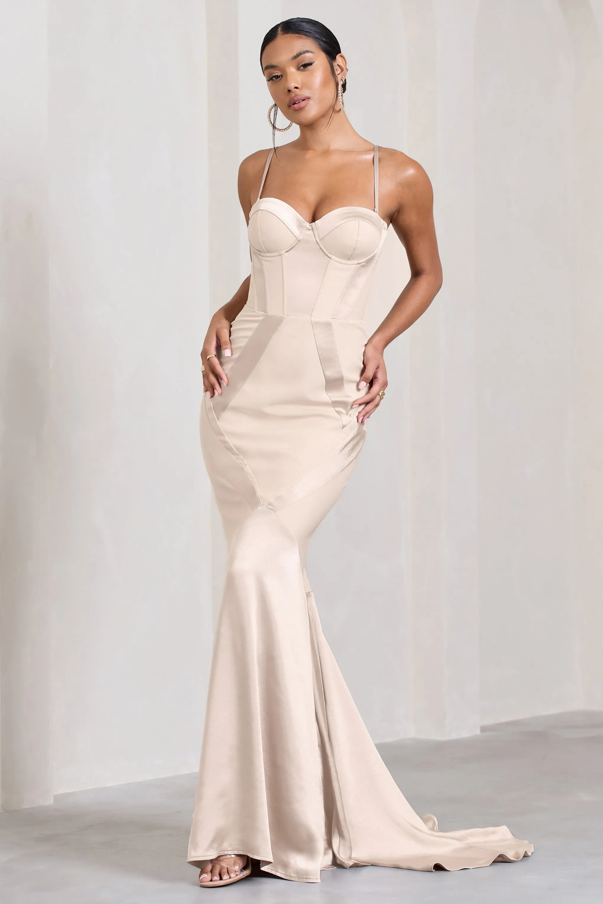 Custom | Champagne Satin Sweetheart Corset Fishtail Maxi Dress sold by Club L London product image thumbnail 2
