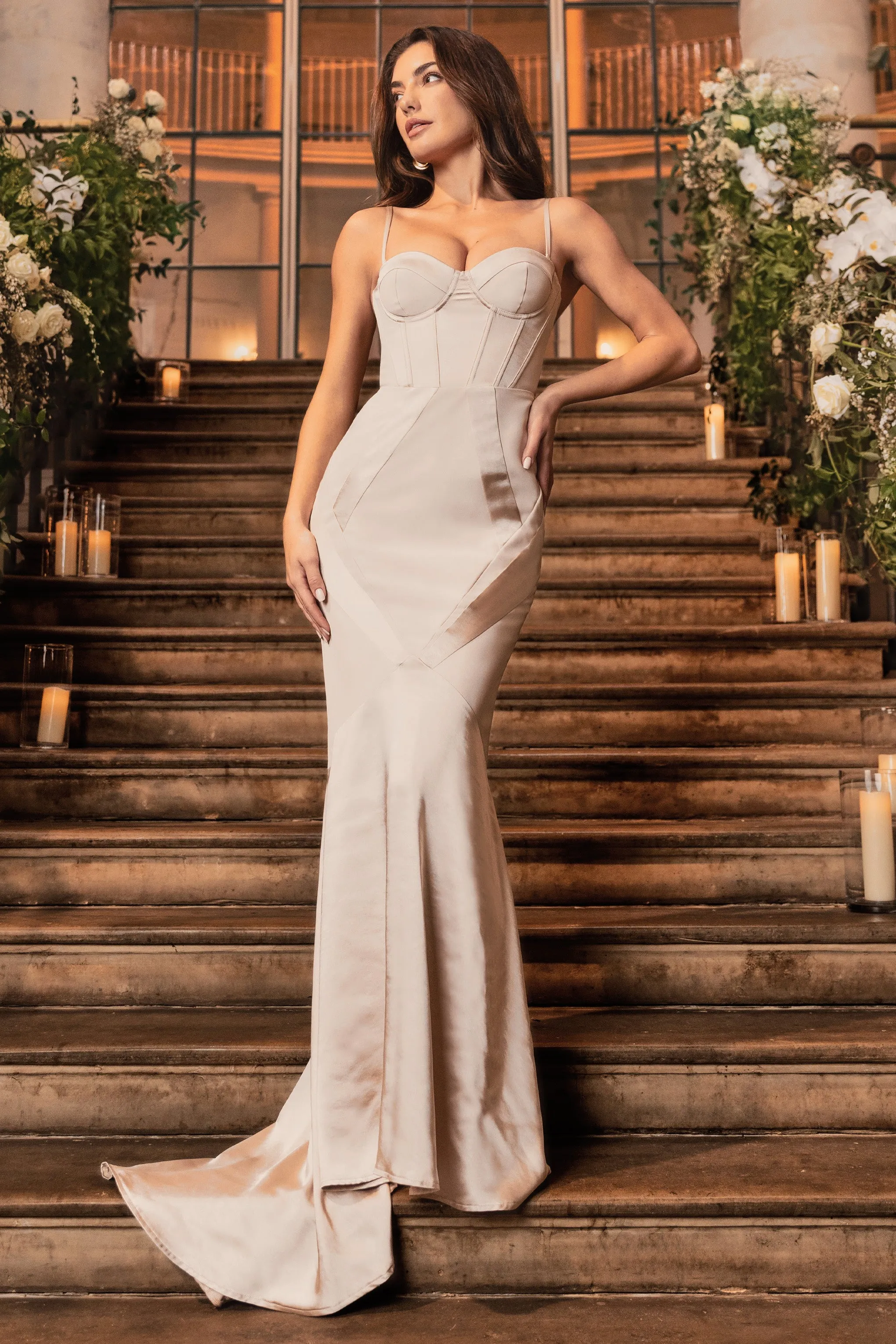 Custom | Champagne Satin Sweetheart Corset Fishtail Maxi Dress sold by Club L London