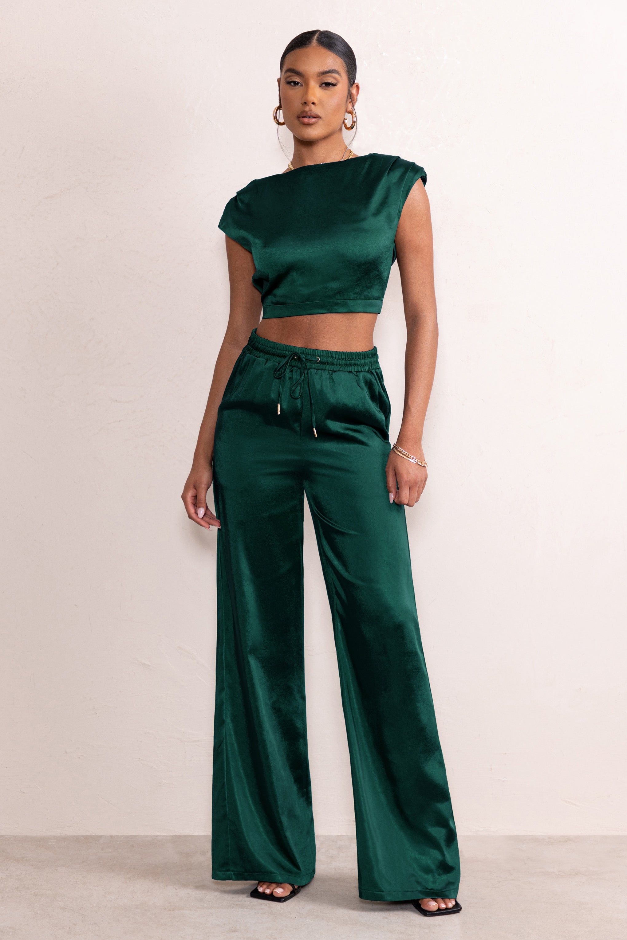 Kelilah | Bottle Green Satin Wide Leg Jogger With Pockets sold by Club L London product image thumbnail 5