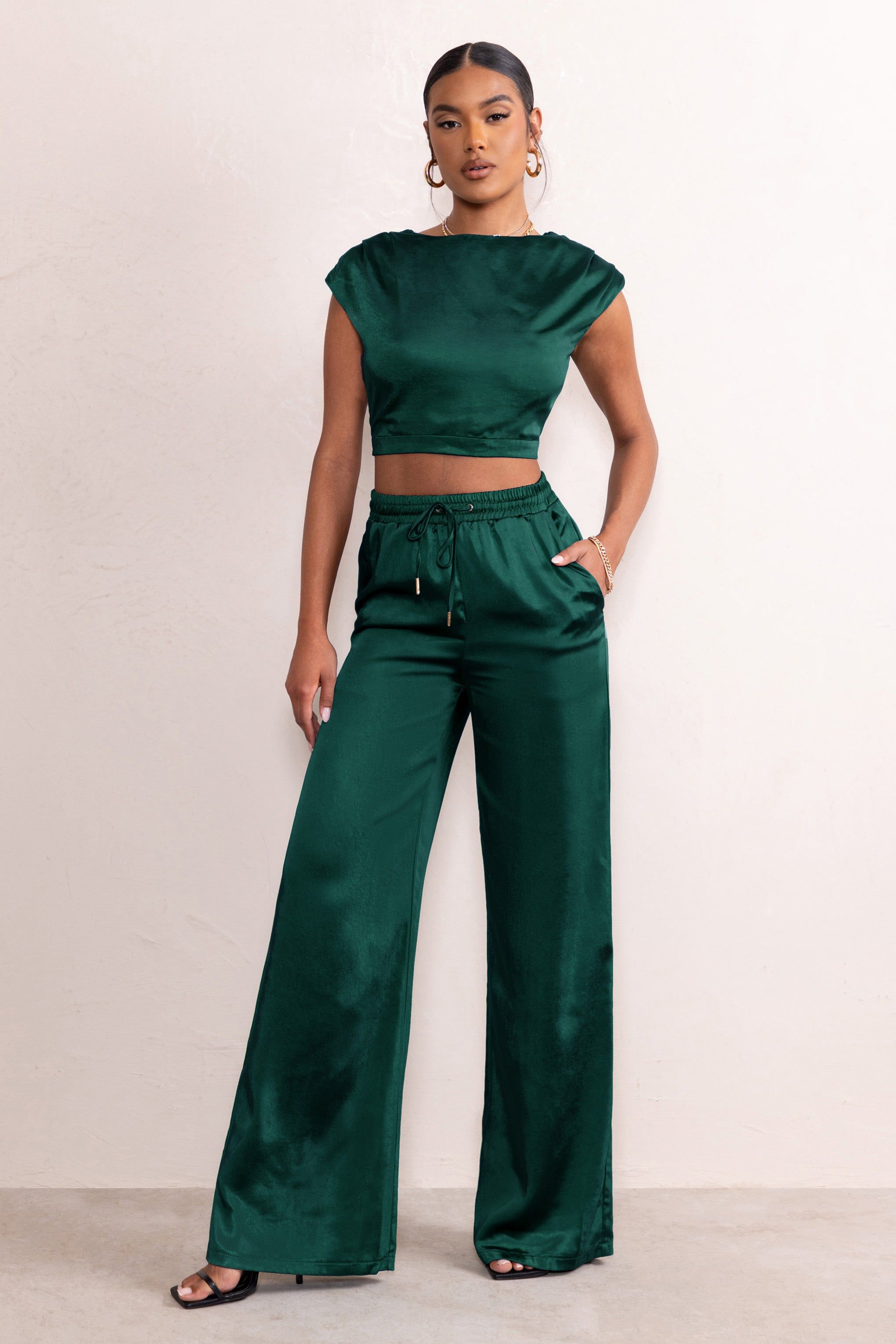 Kelilah | Bottle Green Satin Wide Leg Jogger With Pockets sold by Club L London