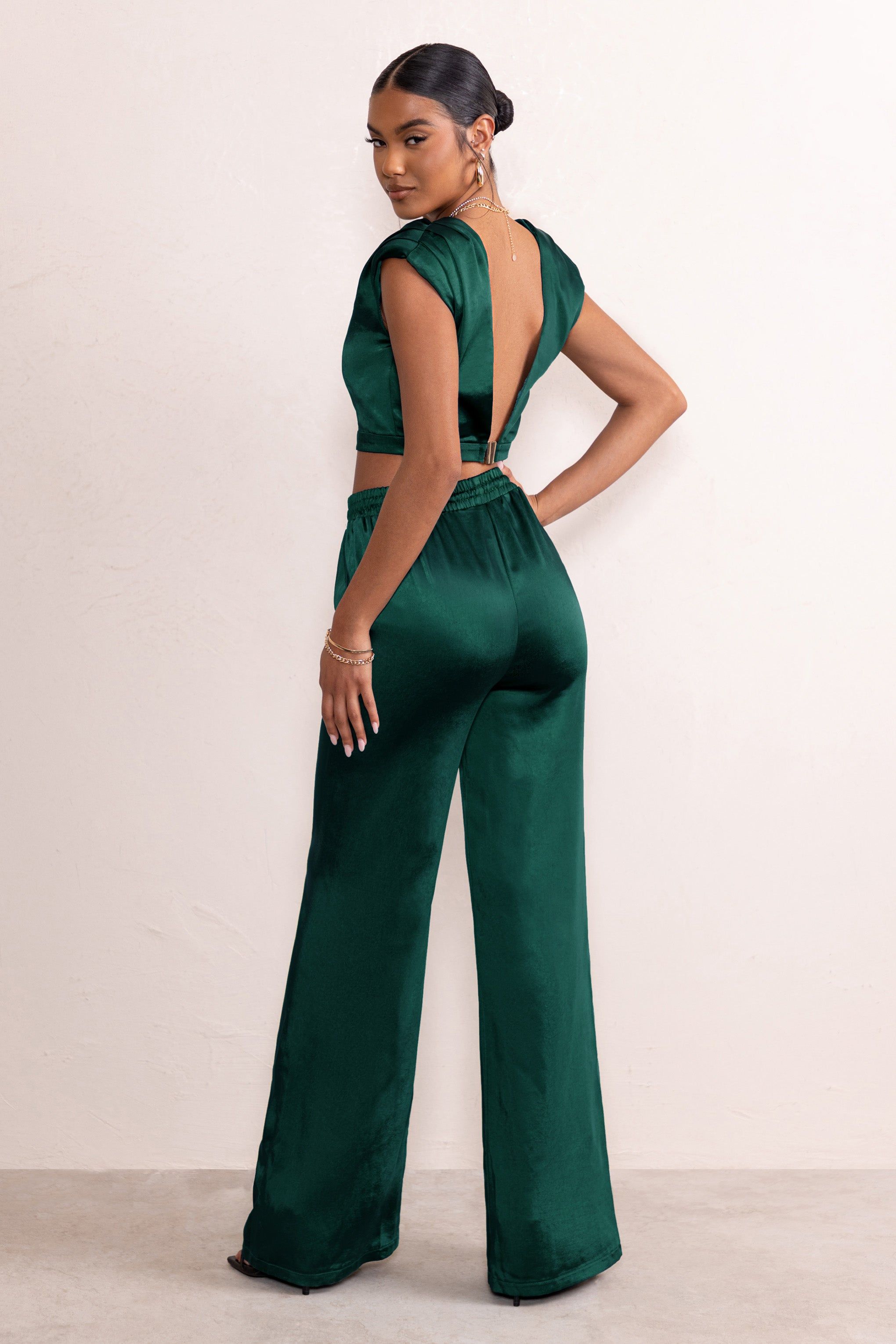 Kelilah | Bottle Green Satin Wide Leg Jogger With Pockets sold by Club L London product image thumbnail 2