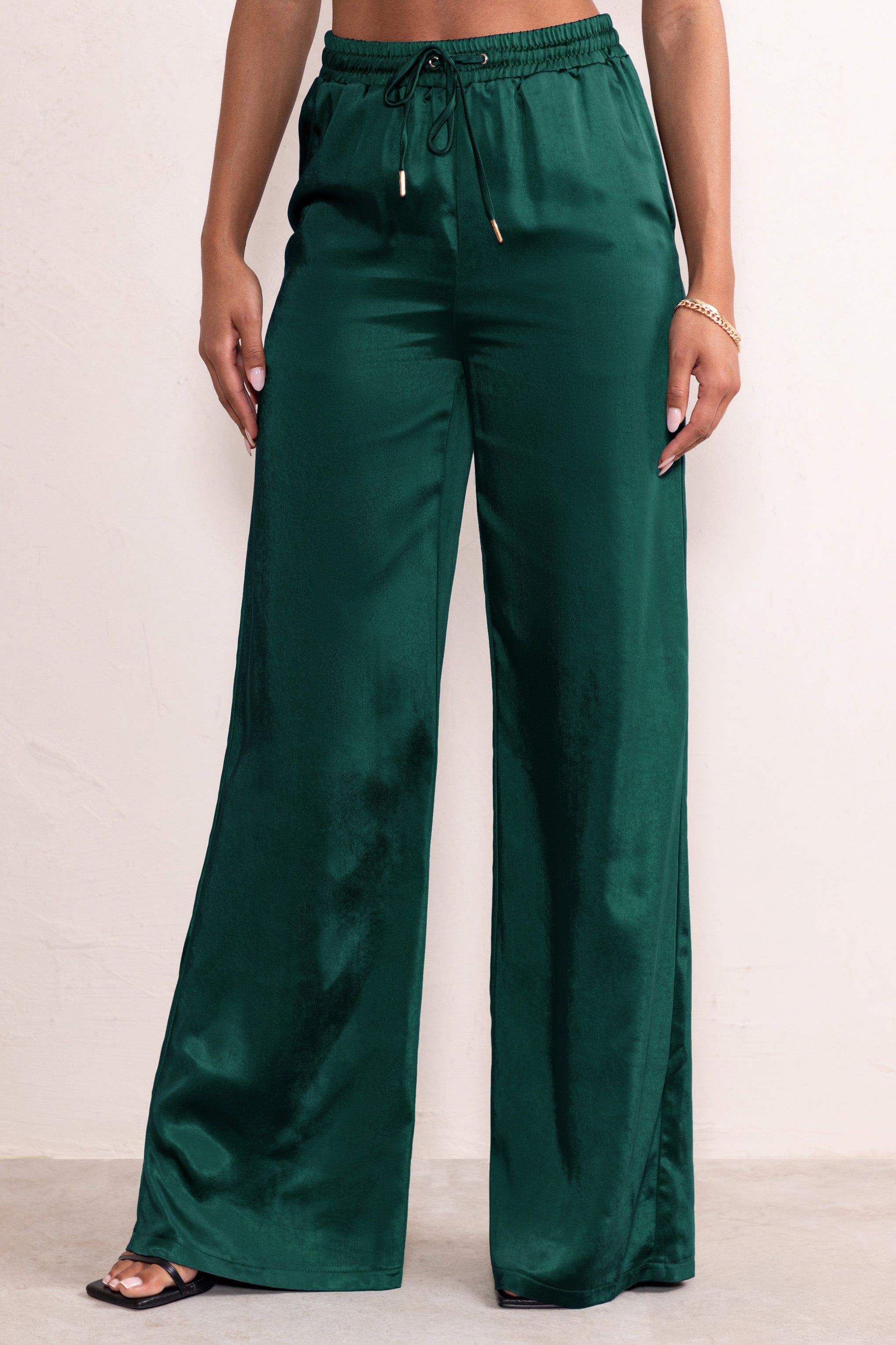 Kelilah | Bottle Green Satin Wide Leg Jogger With Pockets sold by Club L London product image thumbnail 3