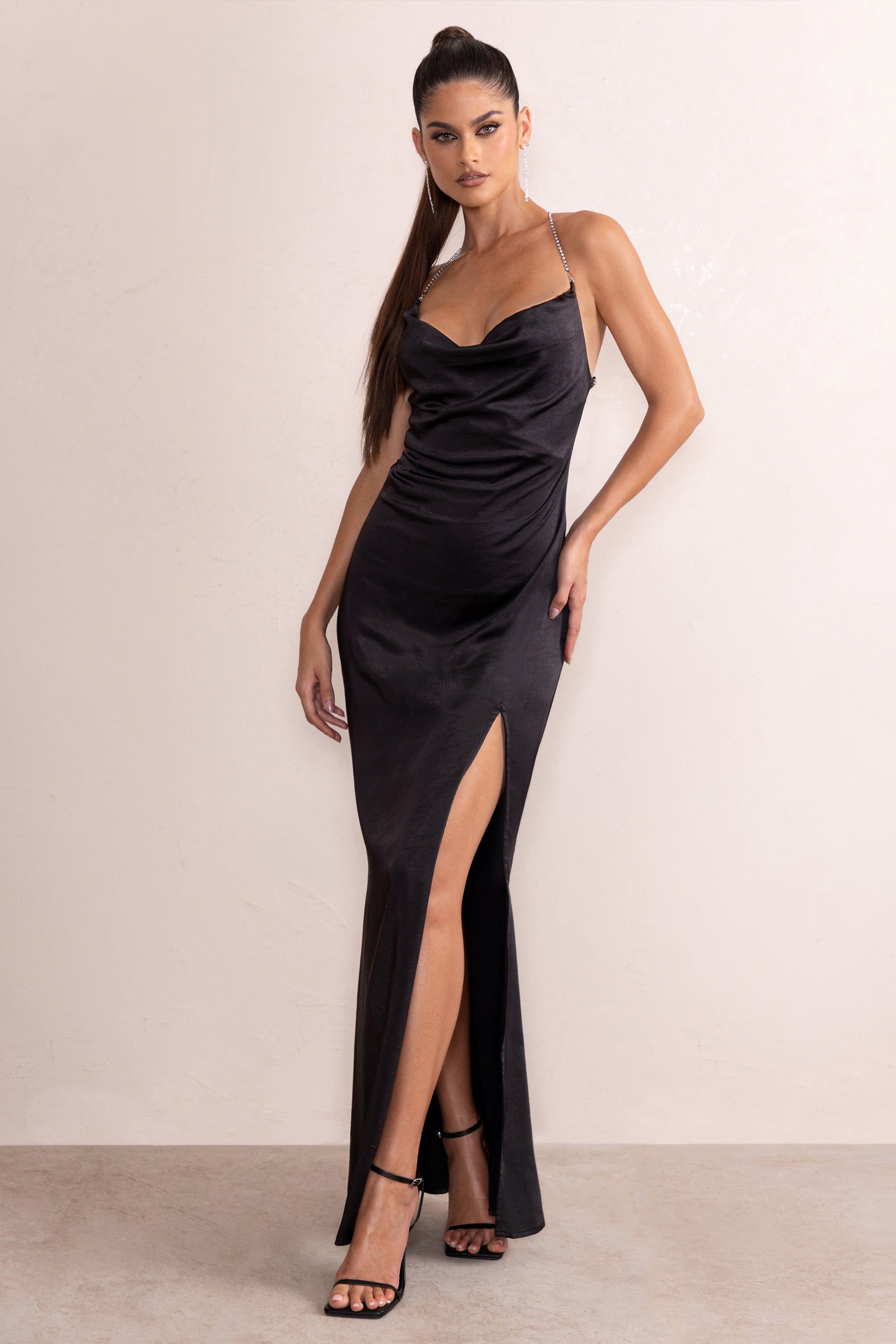 Malia | Black Satin Backless Diamante Strap Detail Maxi Dress sold by Club L London product image thumbnail 5
