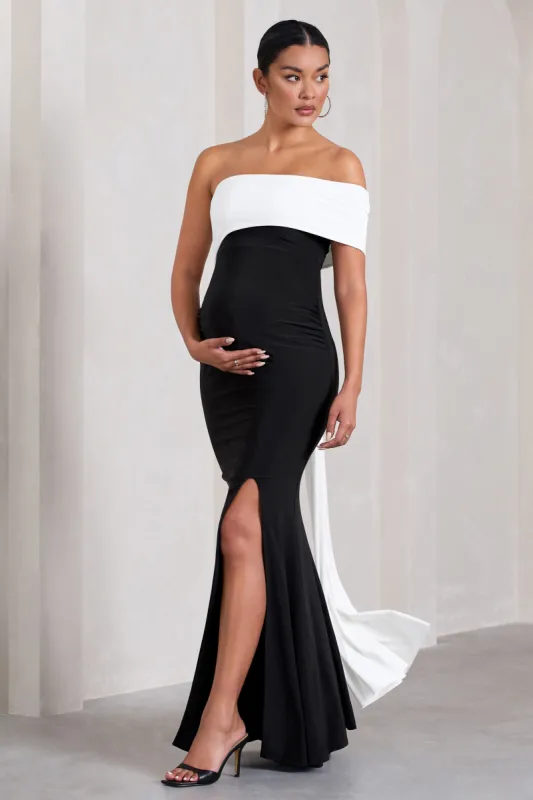 Real Love | Black & White Bardot Split Maternity Maxi Dress With Drape Detail sold by Club L London