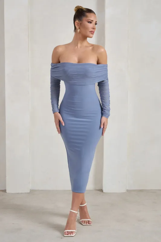 Only You | Ice Blue Ruched Mesh Bardot Midi Dress sold by Club L London