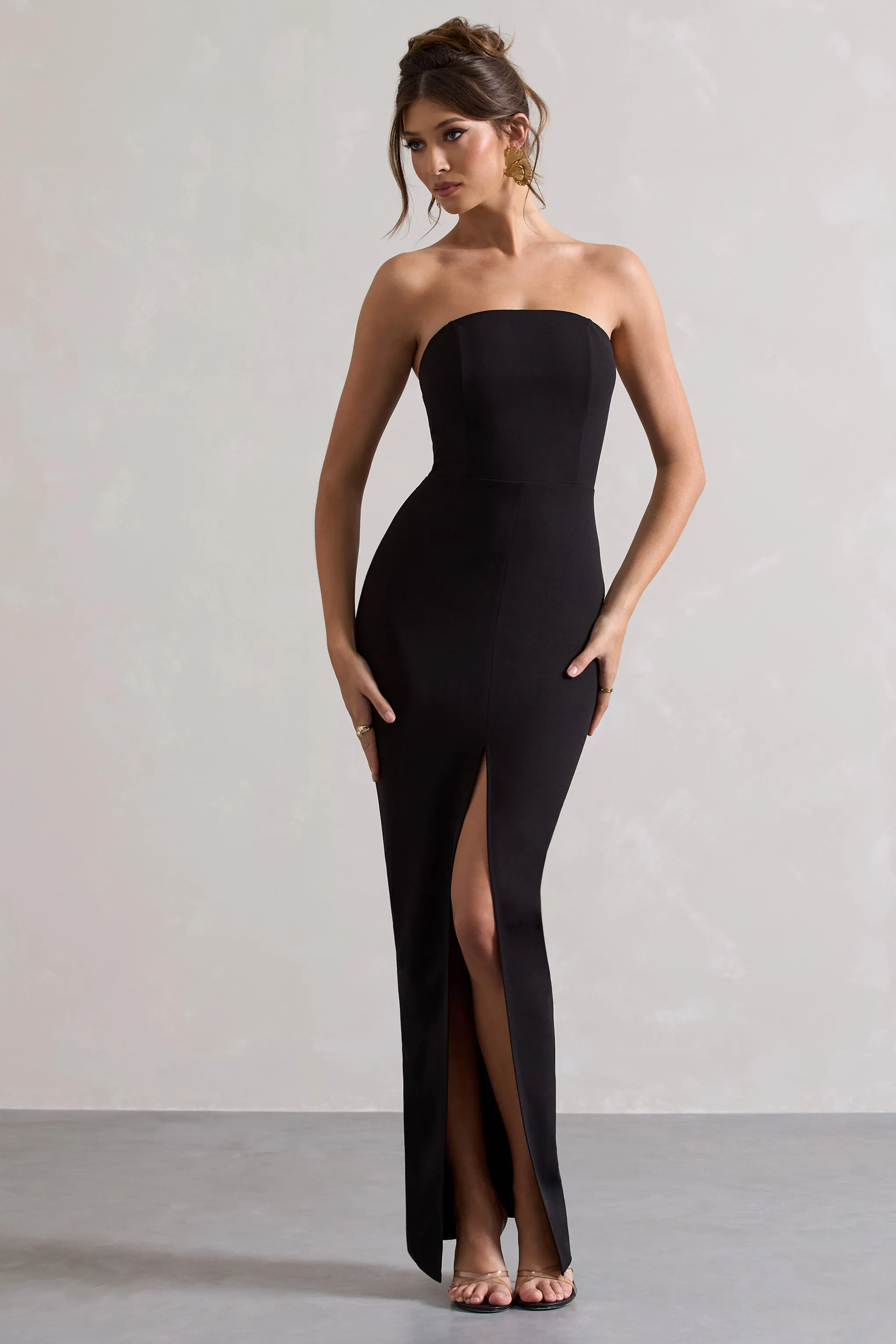 Cailin | Black Strapless Split Maxi Dress sold by Club L London