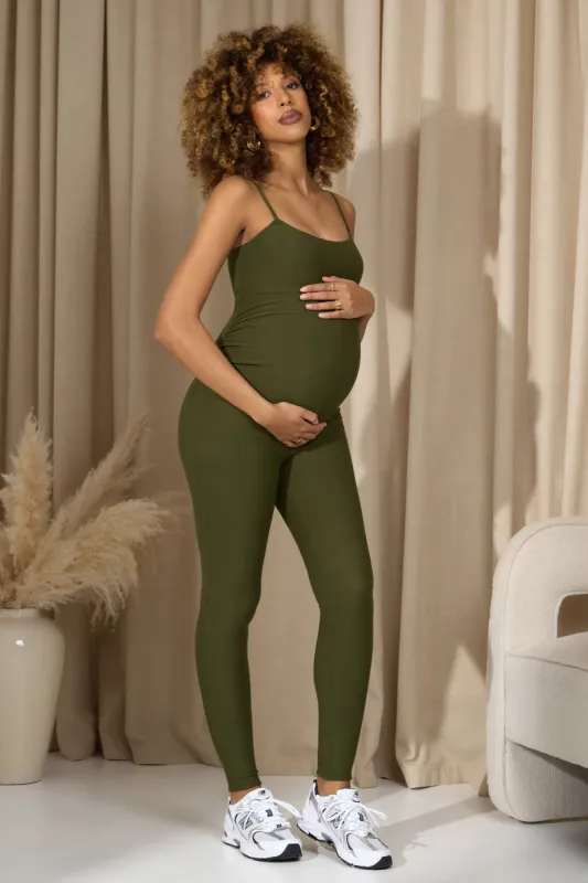 Kim | Moss Green Strappy Skinny-Leg Maternity Unitard sold by Club L London