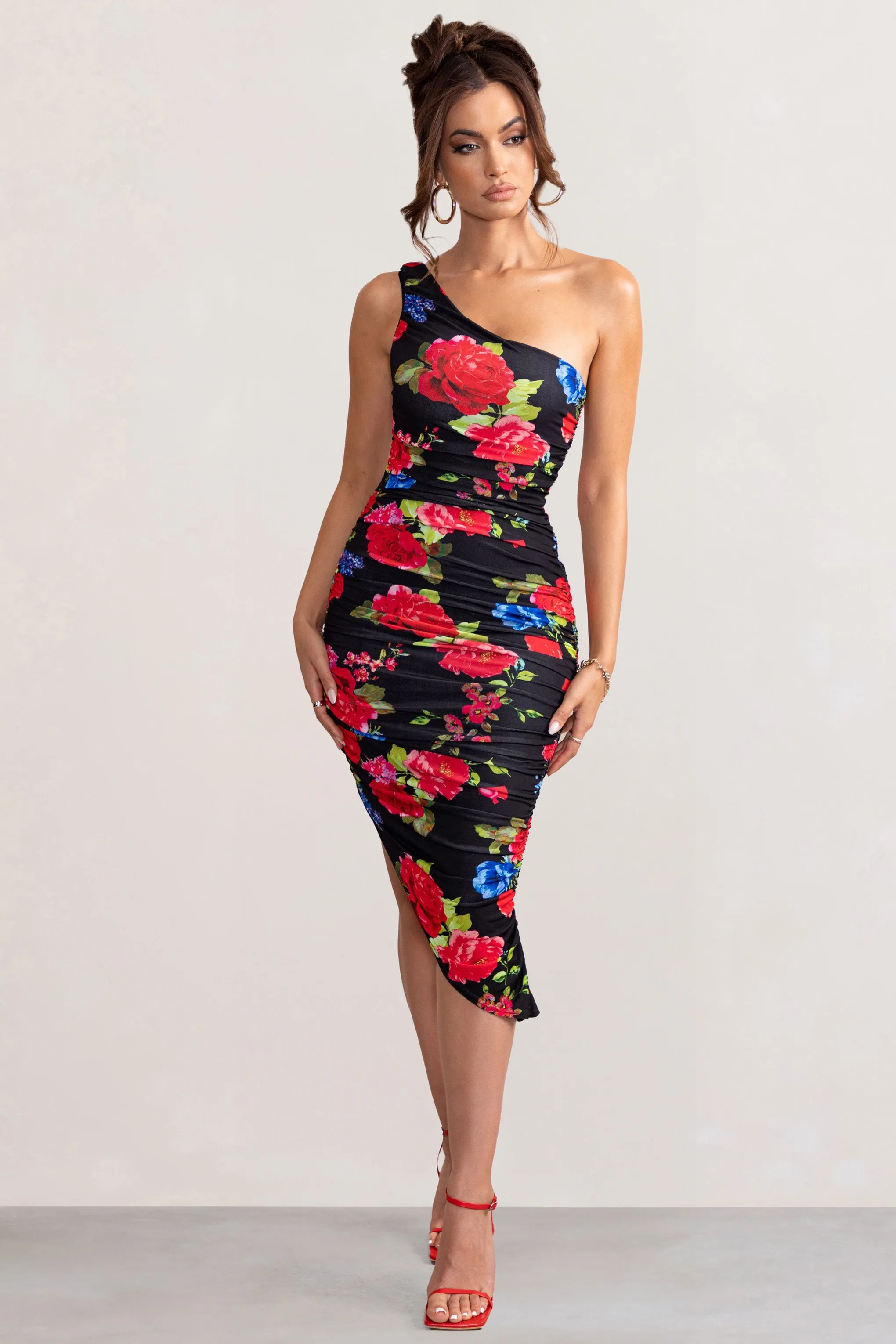 Late Night | Black Floral Print Asymmetric One Shoulder Ruched Midi Dress sold by Club L London