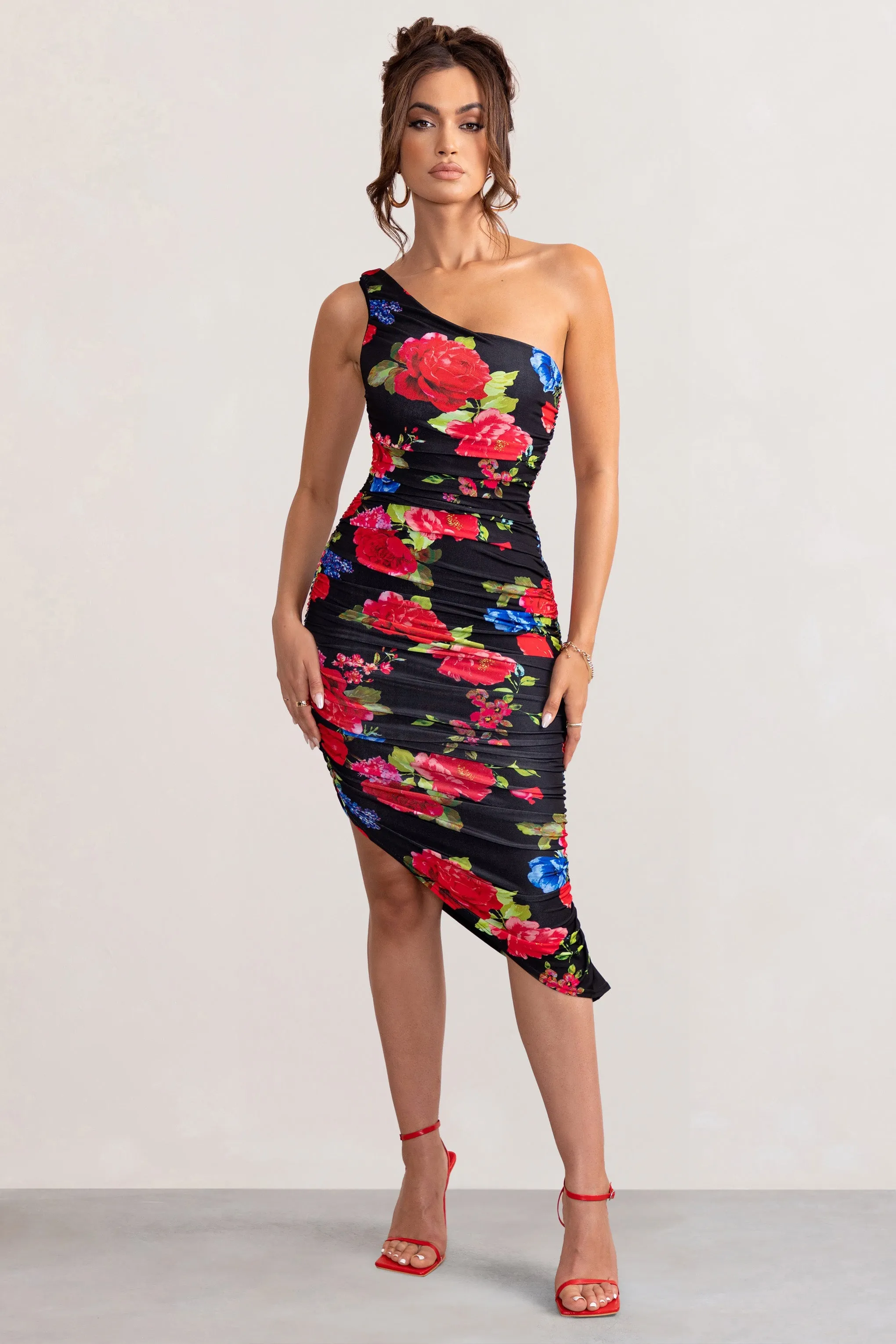 Late Night | Black Floral Print Asymmetric One Shoulder Ruched Midi Dress sold by Club L London product image thumbnail 4