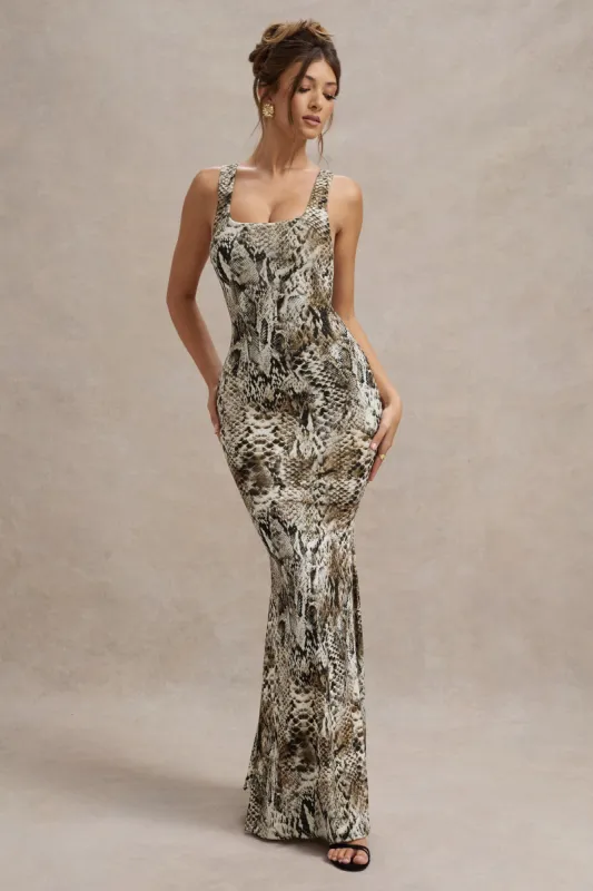 Mahina | Snake Print Square-Neck Maxi Dress sold by Club L London