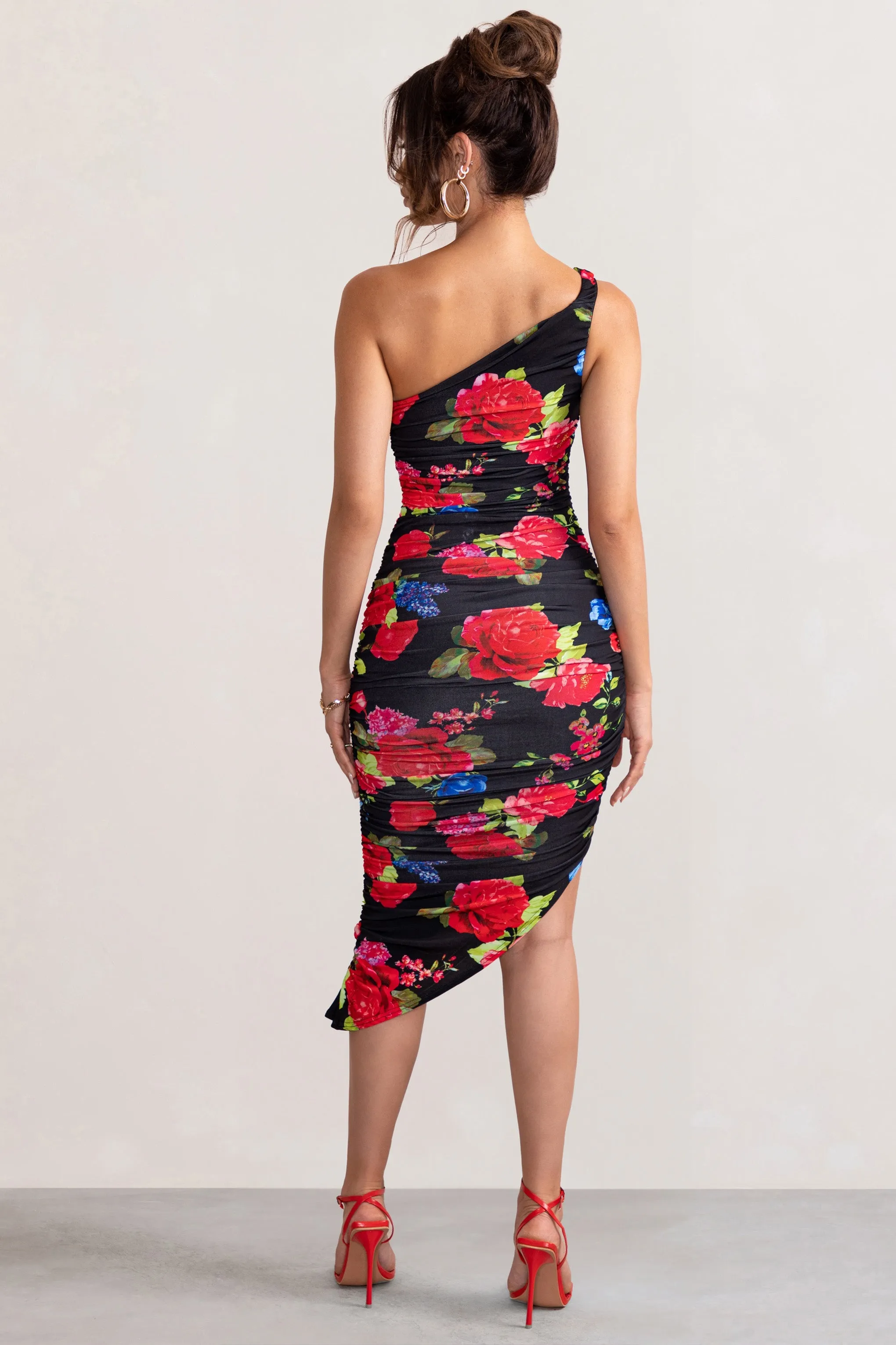 Late Night | Black Floral Print Asymmetric One Shoulder Ruched Midi Dress sold by Club L London product image thumbnail 2
