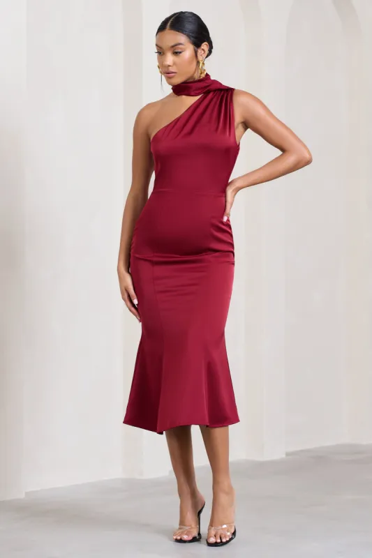 Golden Girl | Burgundy Satin One Shoulder High-Neck Flared Midi Dress sold by Club L London