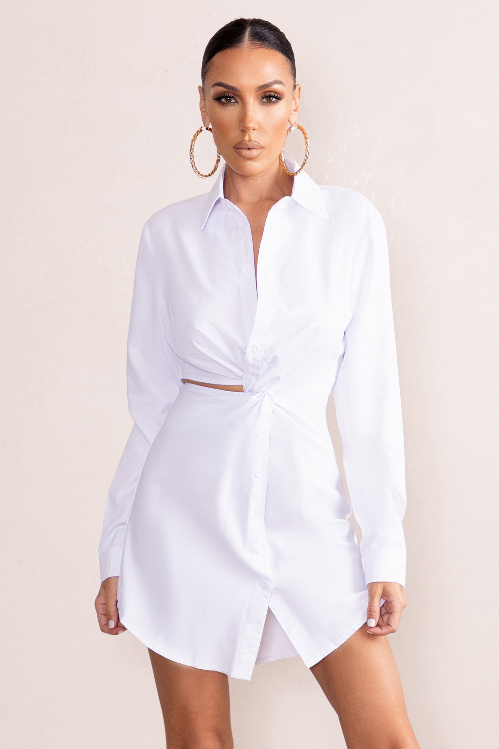 Lucky Star | White Cut Out Wrap Front Shirt Mini Dress sold by Club L London