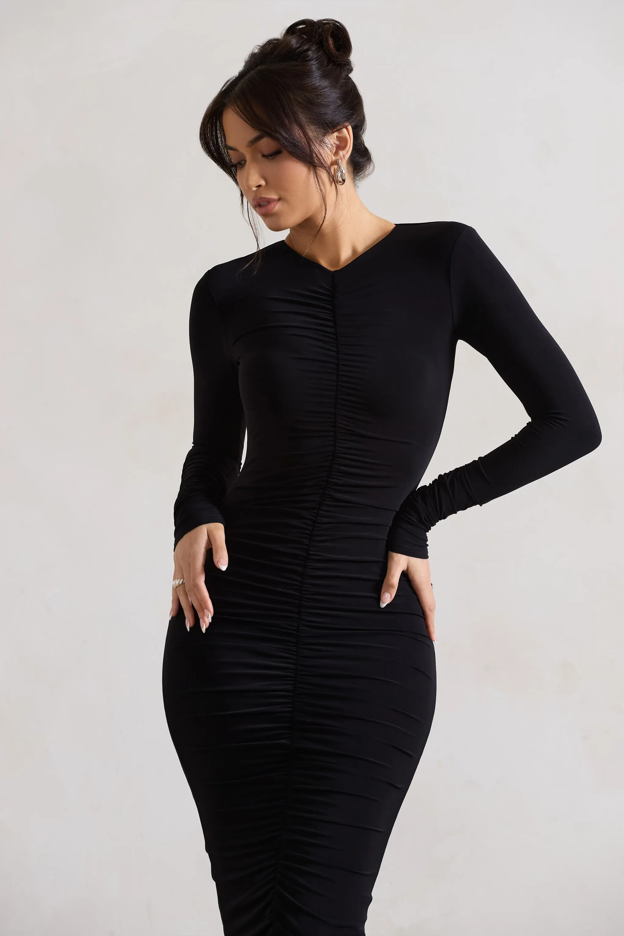 Monique | Black Ruched Bodycon Midi Dress sold by Club L London product image thumbnail 3