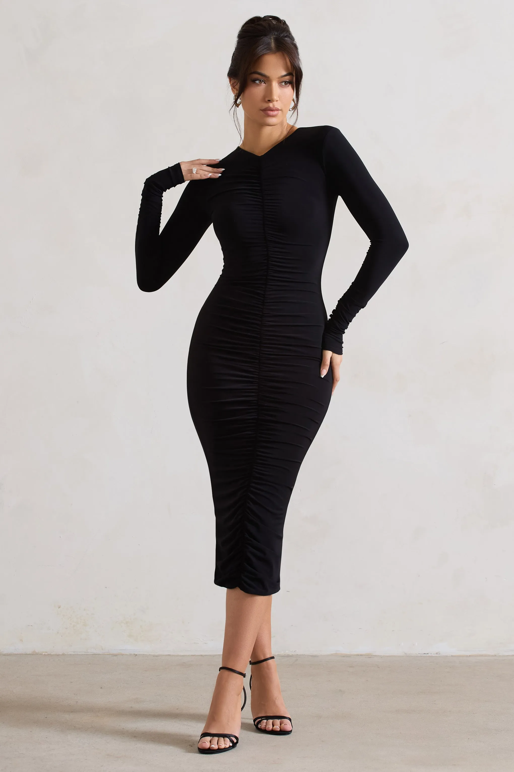Monique | Black Ruched Bodycon Midi Dress sold by Club L London