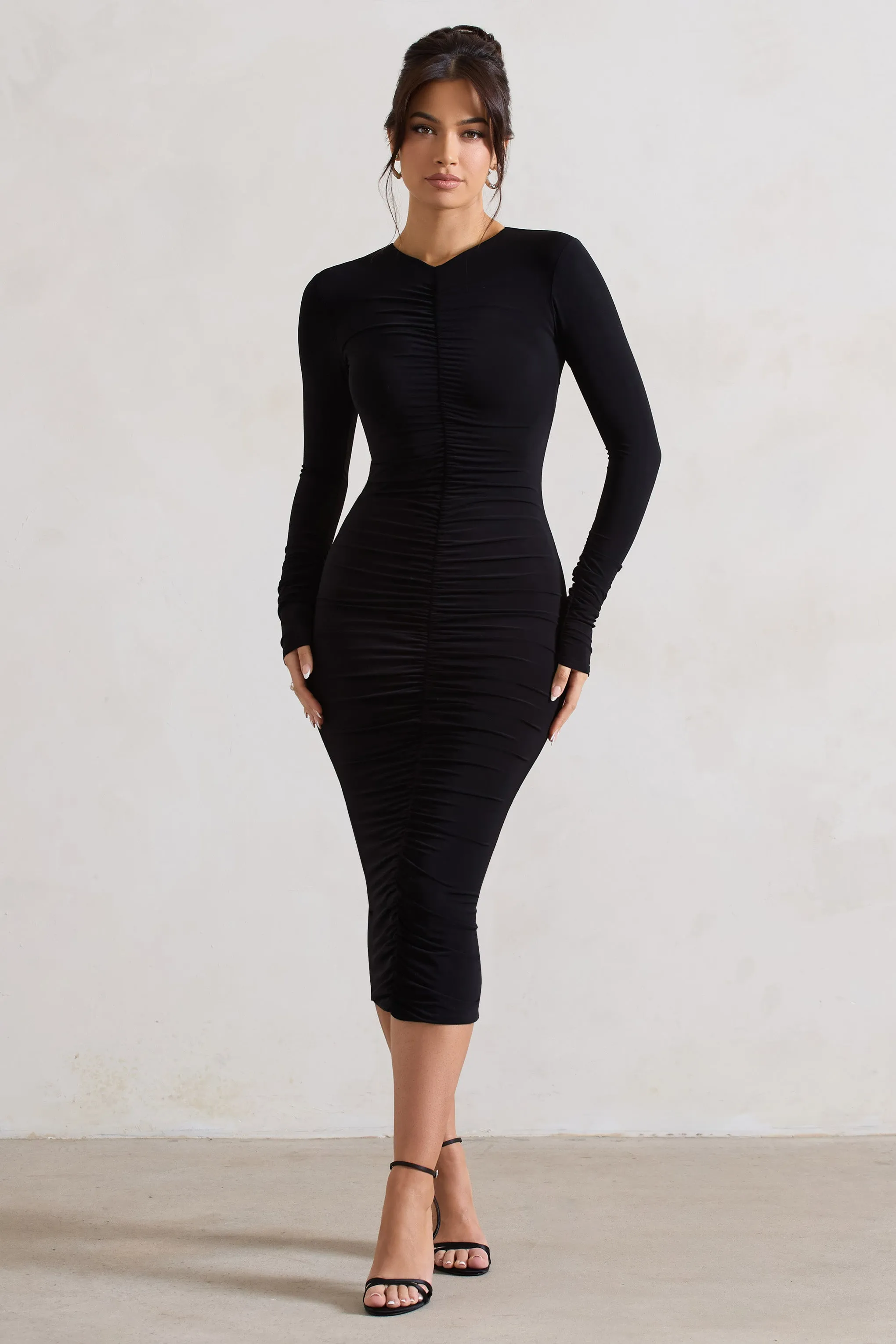 Monique | Black Ruched Bodycon Midi Dress sold by Club L London product image thumbnail 5