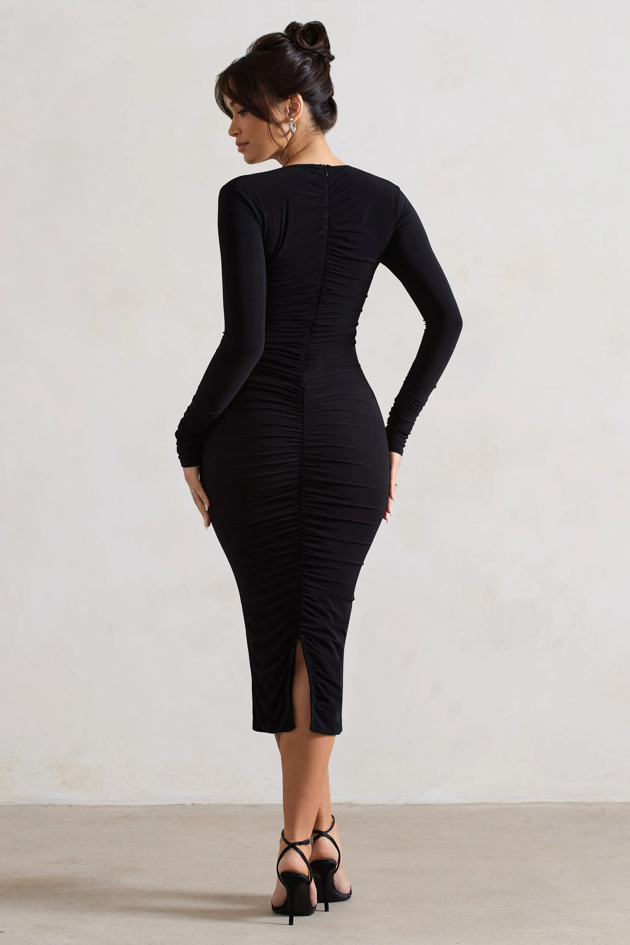 Monique | Black Ruched Bodycon Midi Dress sold by Club L London product image thumbnail 2