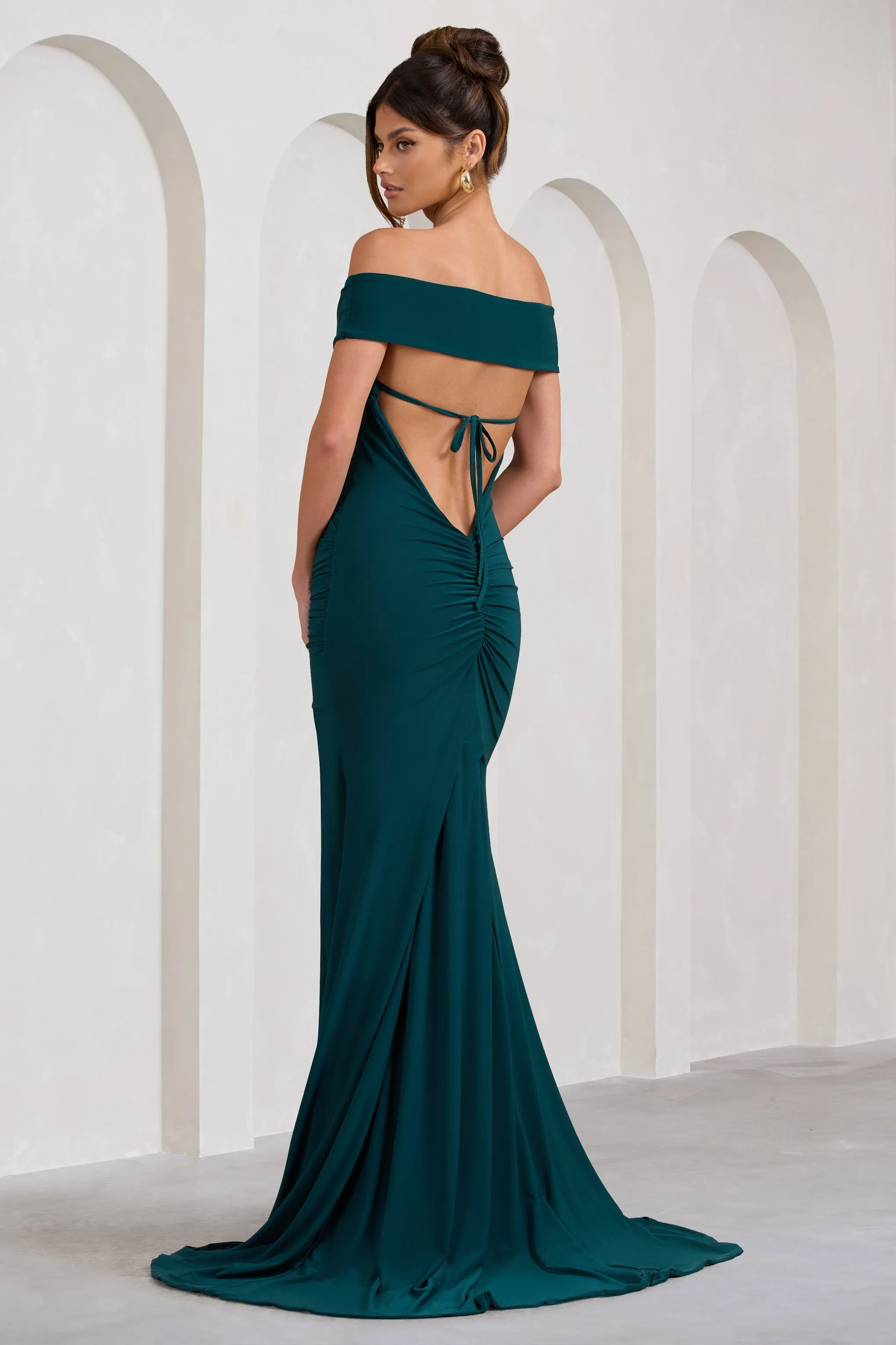 Harmony | Bottle Green Ruched Bardot Split Fishtail Maxi Dress sold by Club L London product image thumbnail 2