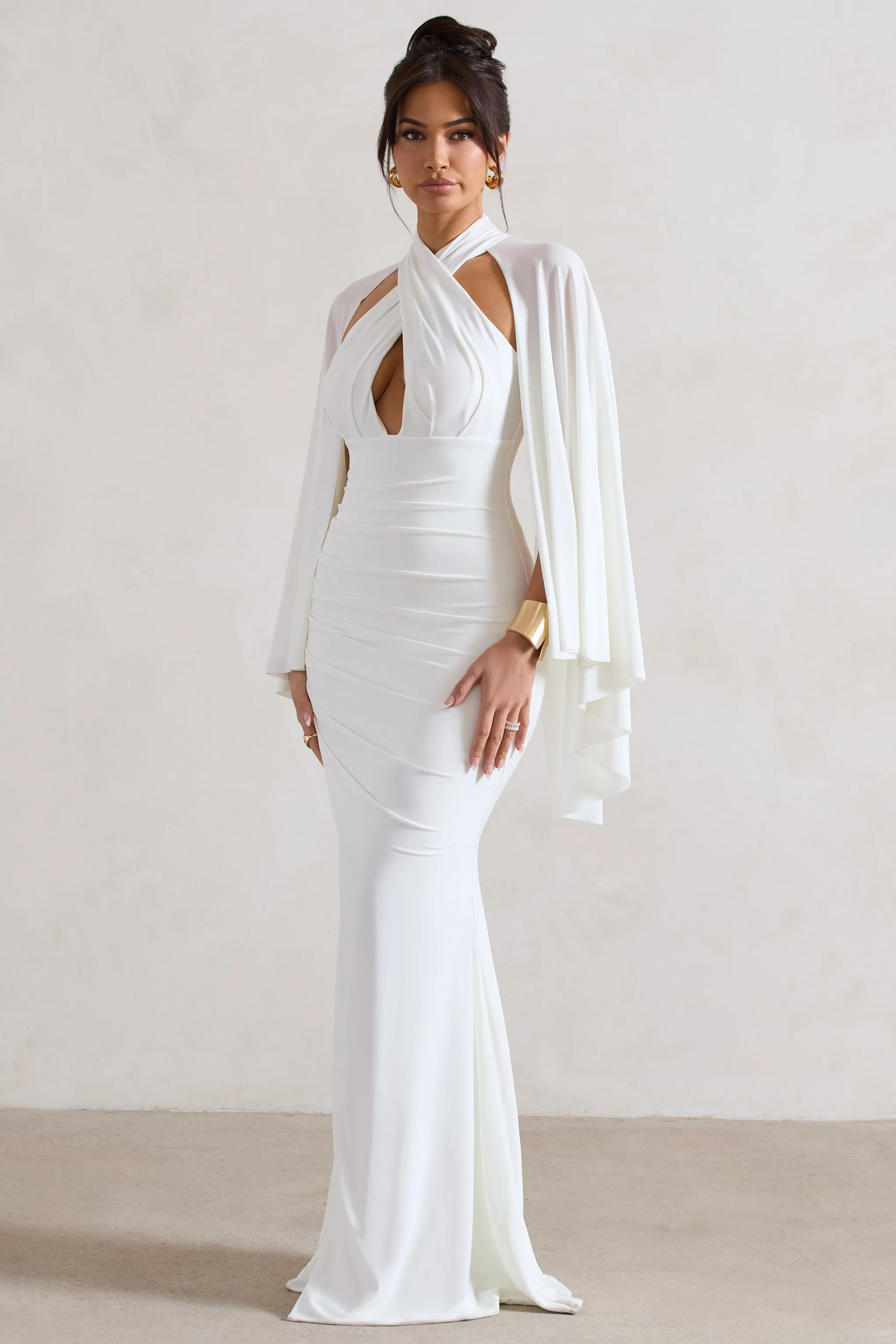 Audrina | White Ruched Halter-Neck Split Maxi Dress With Cape sold by Club L London product image thumbnail 5