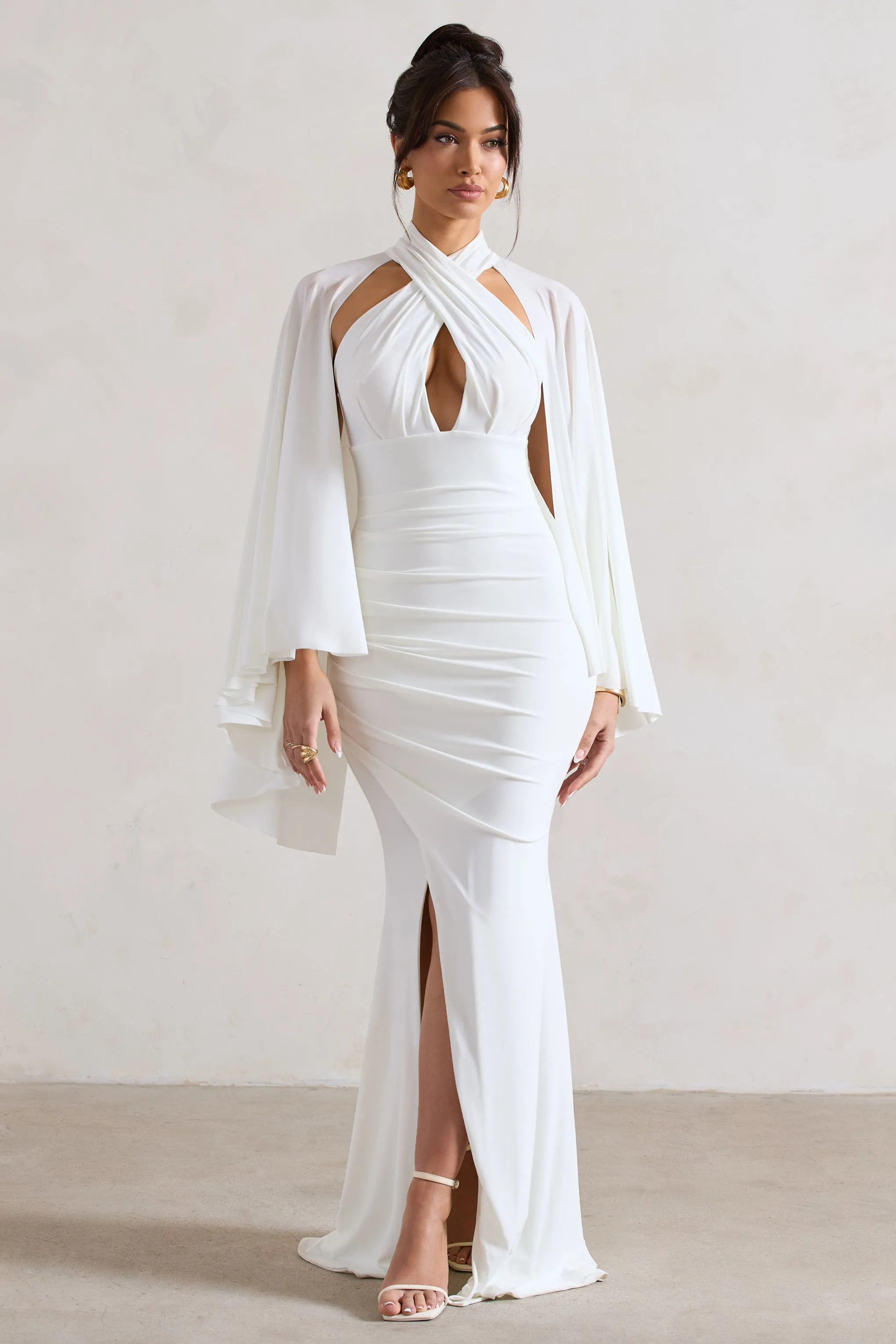 SALE！ ♪フェミニン★Split-Neckティアードドレス Cream Tiered Ruffle Frill Halterneck Maxi Dress | Dresses
