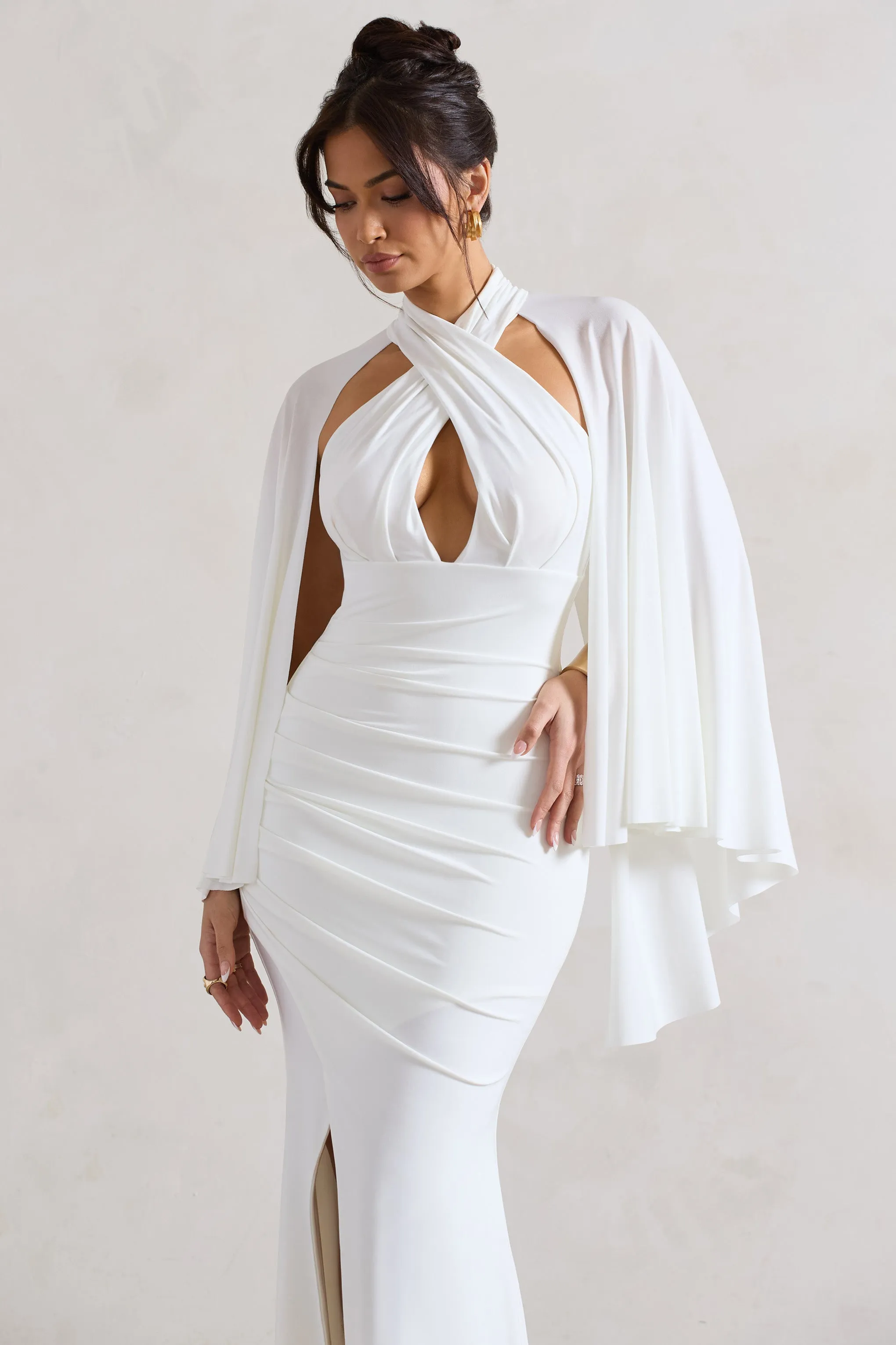 Audrina | White Ruched Halter-Neck Split Maxi Dress With Cape sold by Club L London product image thumbnail 3
