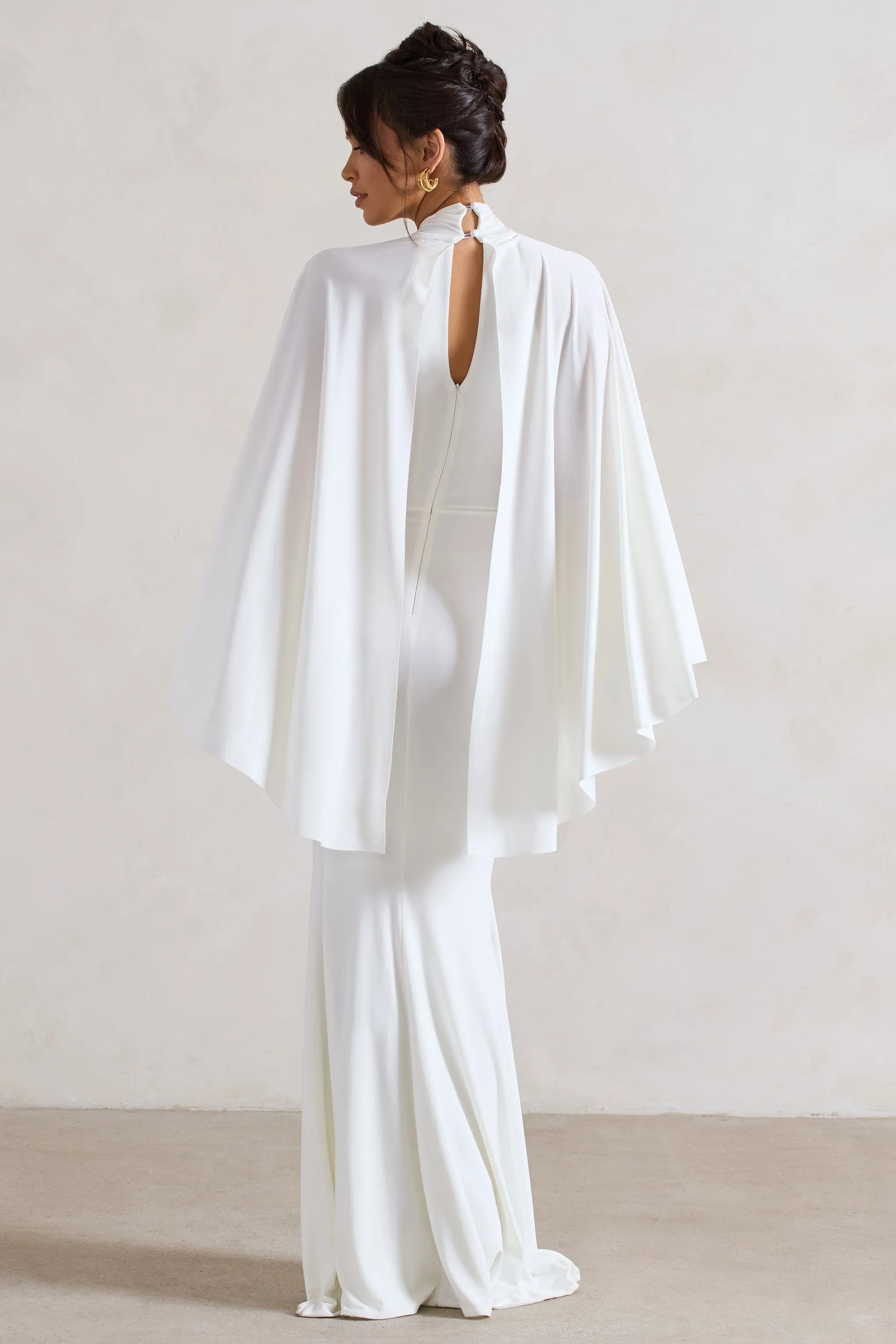 Audrina | White Ruched Halter-Neck Split Maxi Dress With Cape sold by Club L London product image thumbnail 2