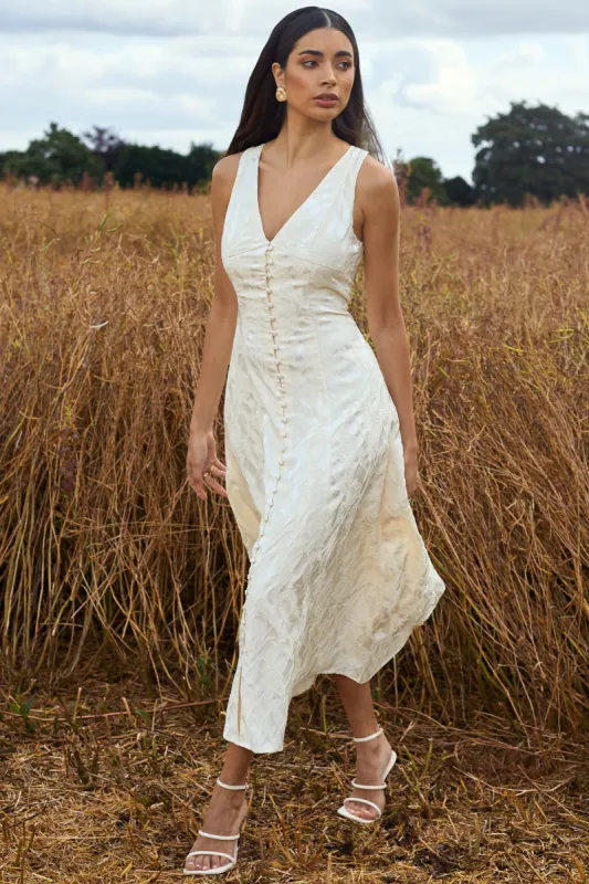 Mona | Ecru Jacquard Plunge-Neck Button Midi Dress sold by Club L London