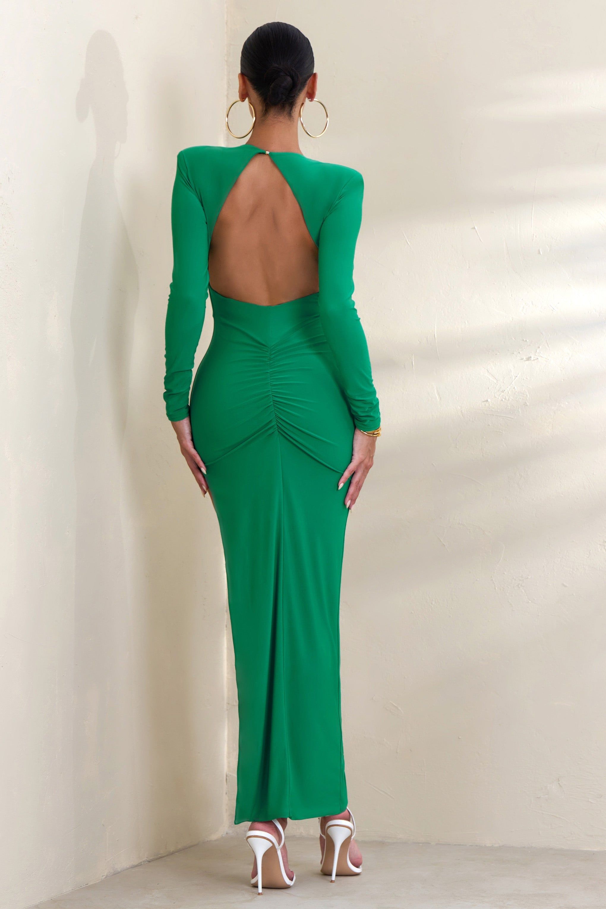 Praia | Green V Plunge Maxi Dress With Thigh Split and Open Back Detail sold by Club L London product image thumbnail 2