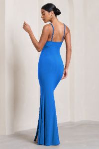 Love Shy | Blue Plunge Neck Maxi Dress With Split Detail sold by Club L London