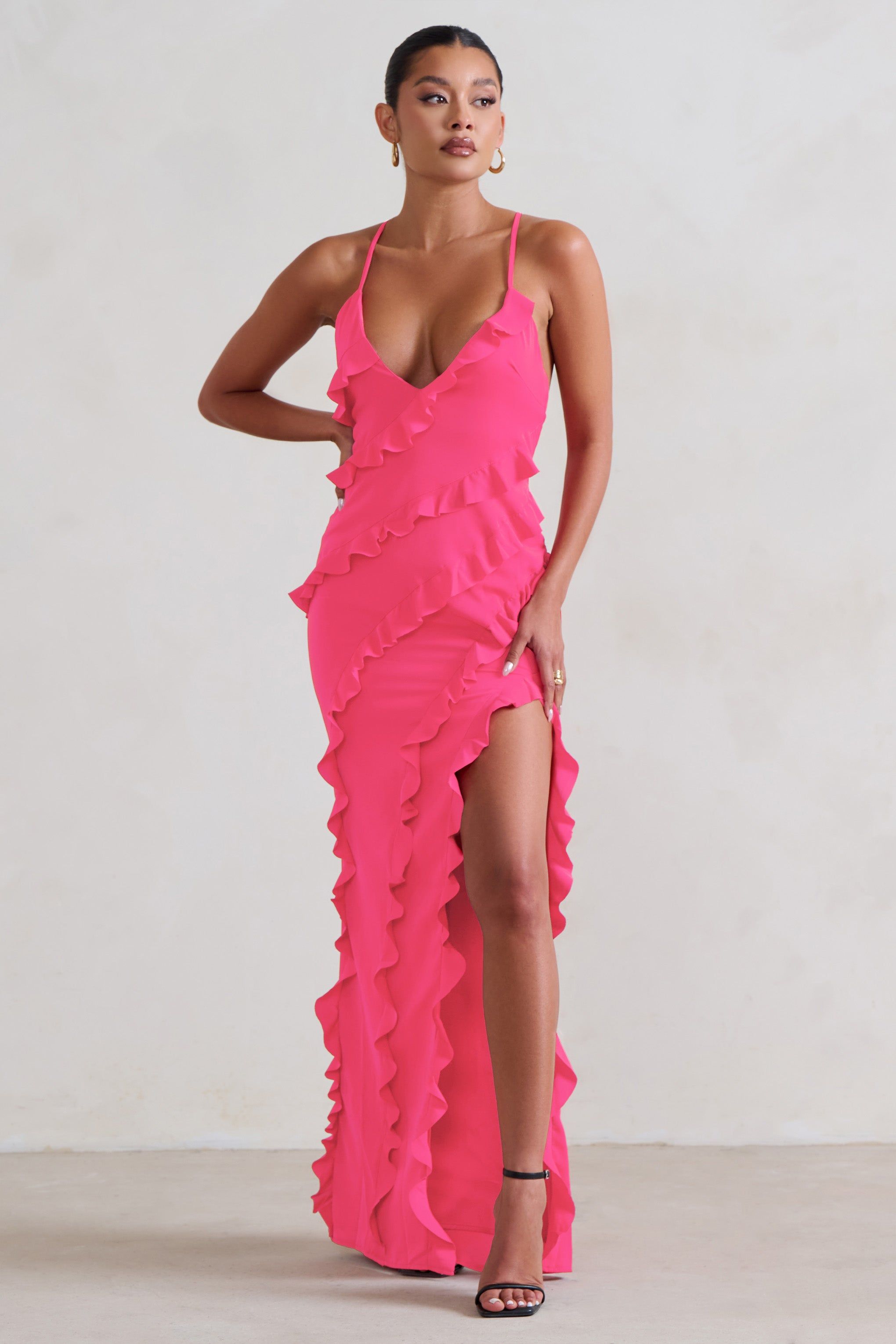 Run The World | Hot Pink Sweetheart Neckline Ruffle Maxi Dress sold by Club L London product image thumbnail 4