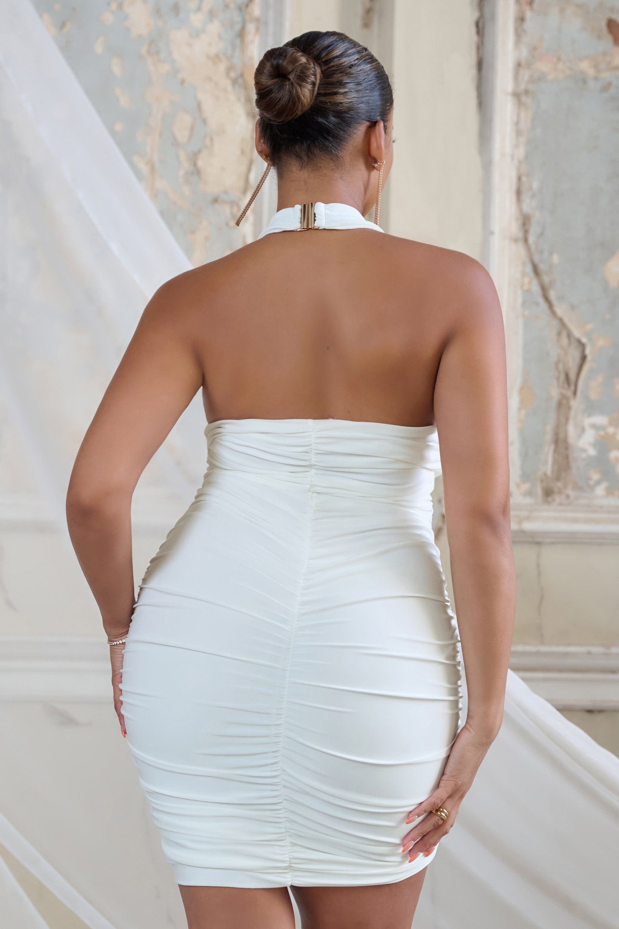 All Or Nothing | Plus White Halterneck Ruched Mini Dress sold by Club L London product image thumbnail 2