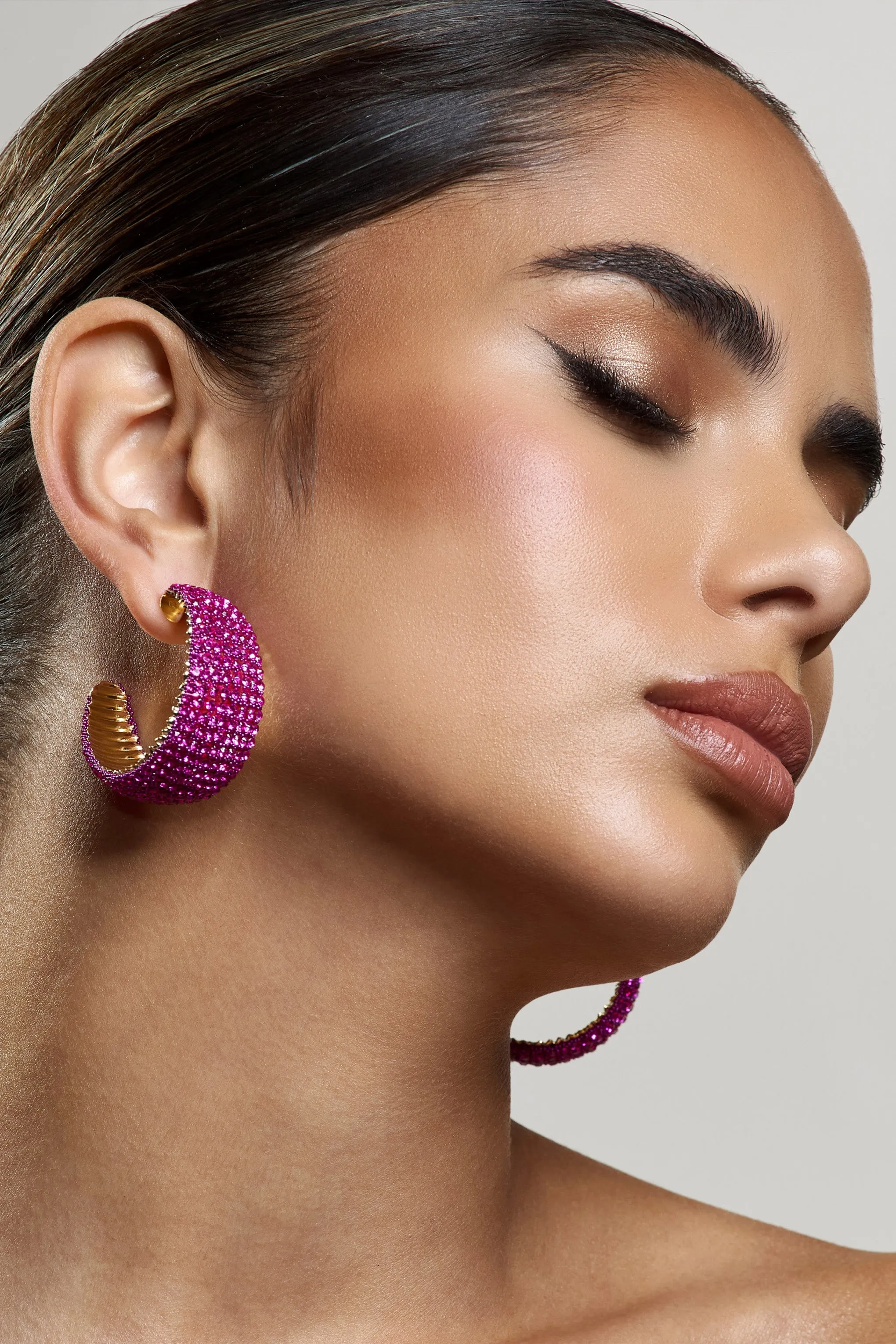 Ibiza | Gold & Pink Diamante Chunky Hoop Earrings sold by Club L London product image thumbnail 4