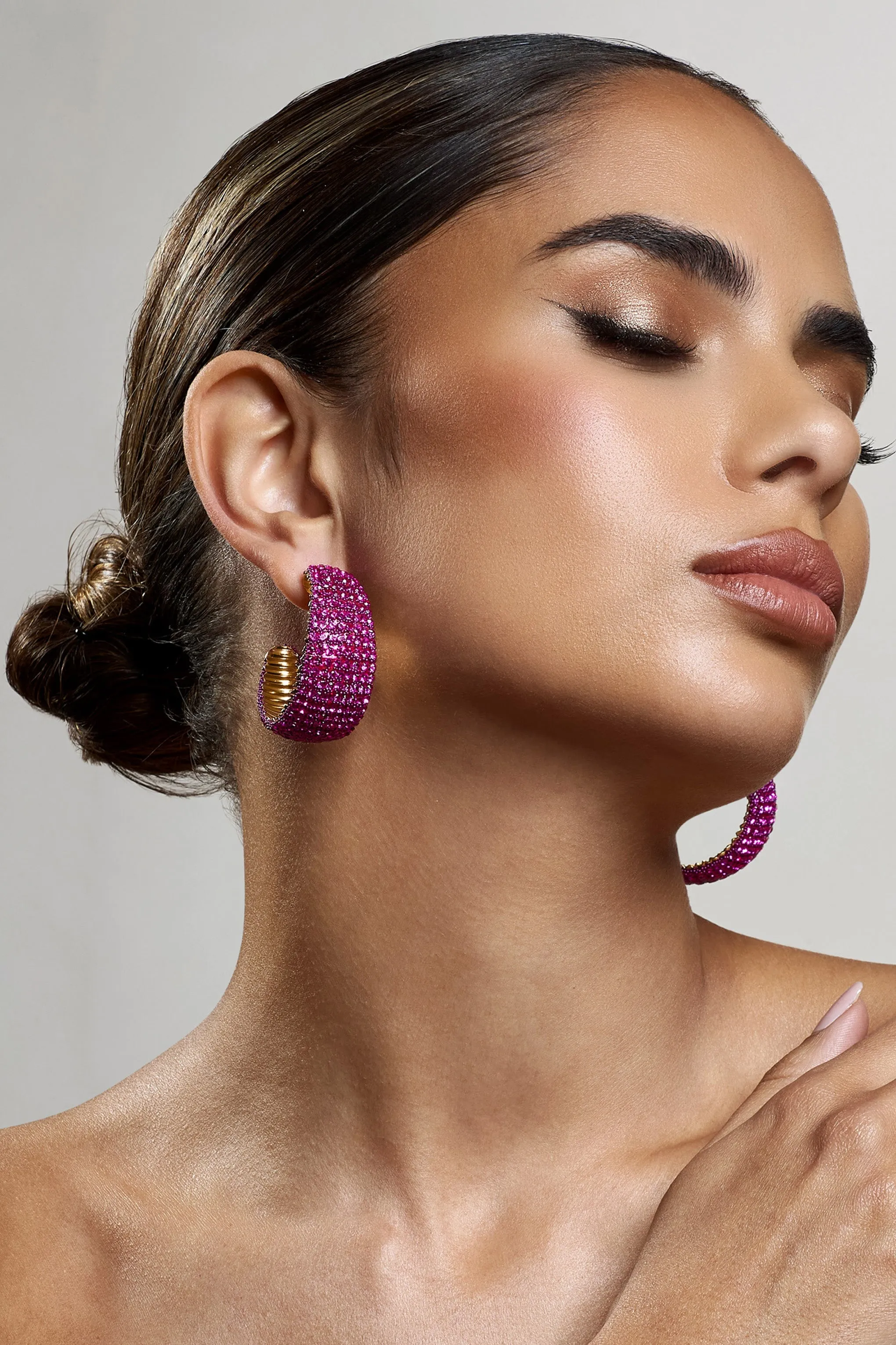 Ibiza | Gold & Pink Diamante Chunky Hoop Earrings sold by Club L London